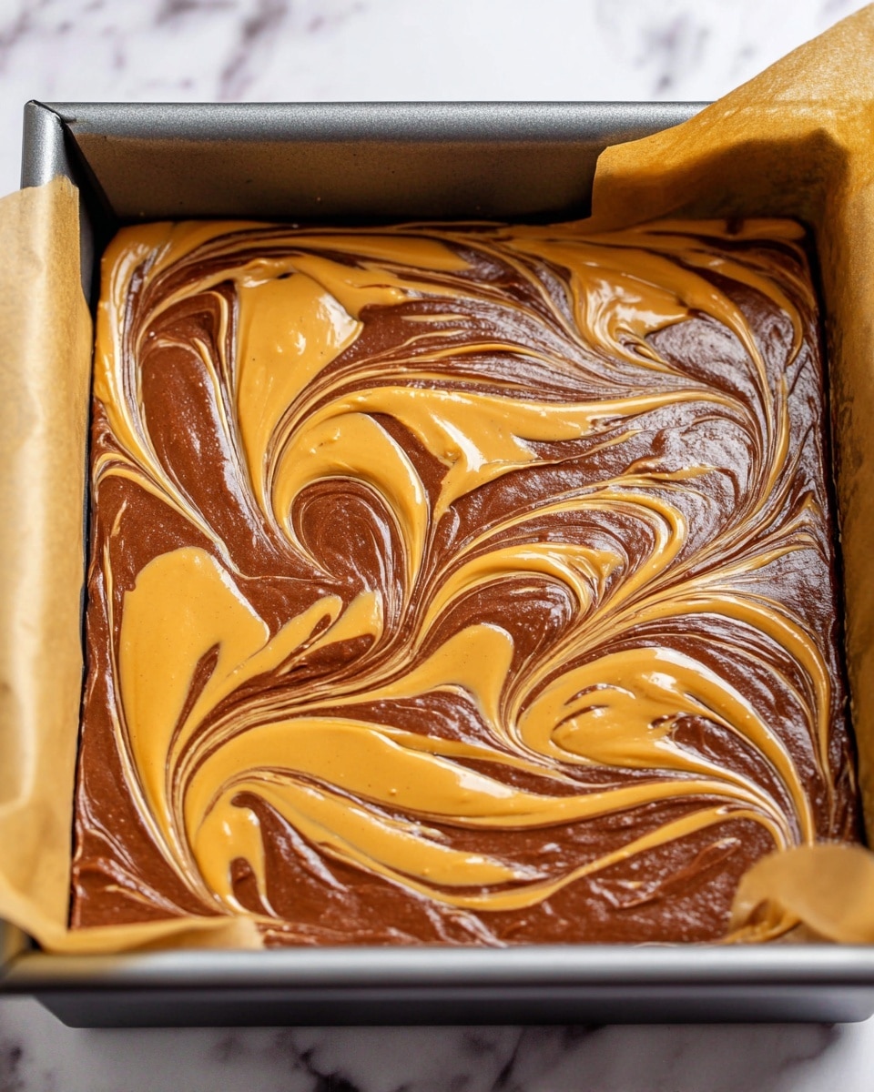 The image shows a stack of four square bars with three visible layers: the bottom layer is a crumbly light brown crust, the middle layer is thick and dark brown with a fudgy texture, and the top layer is a marbled mix of golden peanut butter swirled into the dark chocolate, giving it a textured and slightly cracked appearance. The bars appear moist and dense with crumbs scattered around on a white marbled surface. Photo taken with an iphone --ar 4:5 --v 7