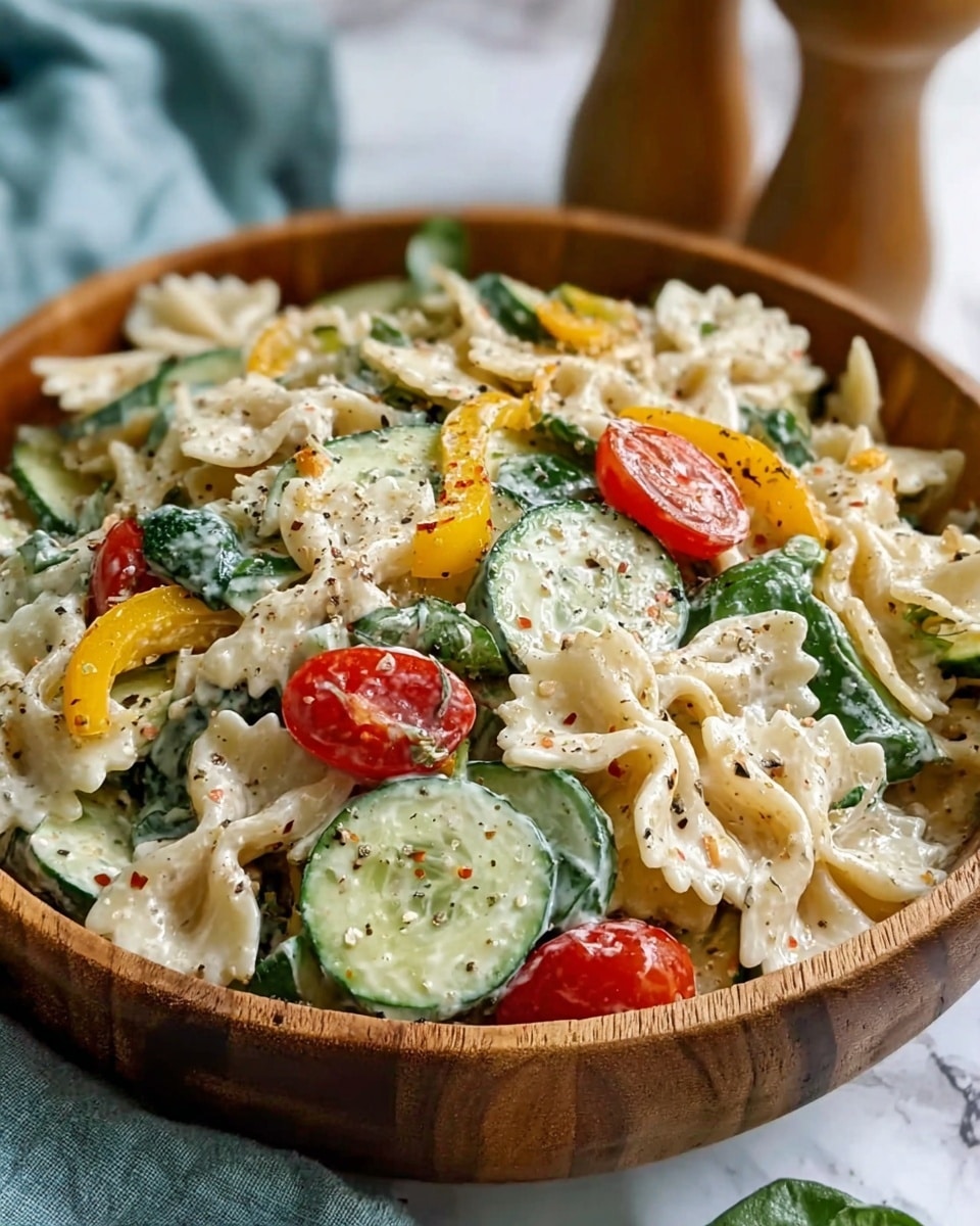 A close-up view of a brown wooden bowl filled with a creamy pasta salad. The dish has farfalle pasta with a pale off-white color, mixed with bright green cucumber slices and fresh spinach leaves. There are also red cherry tomato halves and yellow bell pepper strips scattered evenly throughout. The dressing is creamy and slightly glossy, coating each ingredient with specks of black pepper on top. The bowl sits on a white marbled surface with a soft blue cloth nearby, and blurred wooden salt and pepper shakers are in the far background. photo taken with an iphone --ar 4:5 --v 7