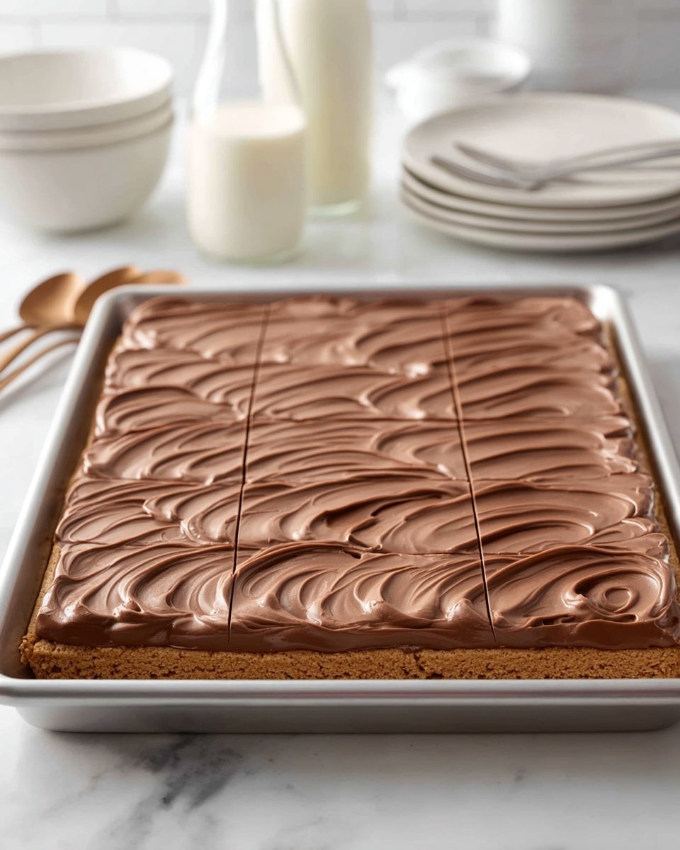 A large rectangular dessert bar is shown in a metal baking pan placed on a white marbled surface. It has a thick, crumbly light brown base layer topped with a smooth, glossy medium brown chocolate layer that is evenly spread. The chocolate layer is decorated with a repeating pattern of curved swipes creating a textured design across the whole surface. The bar is pre-cut into 20 rectangular pieces with clear straight cut lines. In the background, there are stacked white bowls, a glass bottle of milk, and stacked white plates blurred out to keep focus on the dessert. photo taken with an iphone --ar 4:5 --v 7