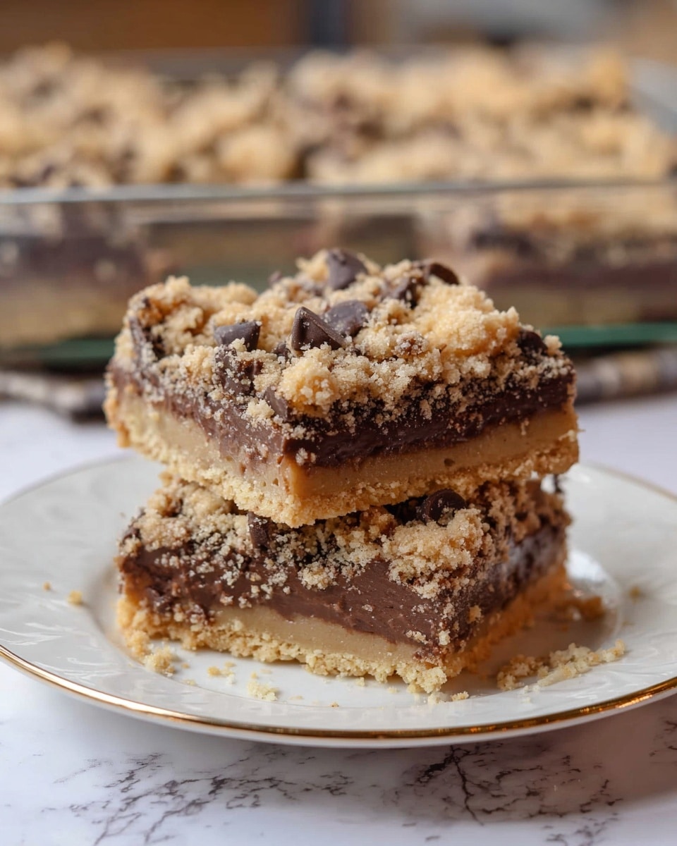 Two square bars are stacked on a white plate with a gold rim, placed on a white marbled surface. Each bar has three layers: the bottom layer is a light golden crust, the middle layer is thick and dark brown chocolate, and the top layer is crumbly, light tan streusel with scattered dark chocolate chips, adding texture and contrast. The bars look soft and rich with crumbs around the edges. In the background, more bars in a glass baking dish are slightly out of focus. photo taken with an iphone --ar 4:5 --v 7