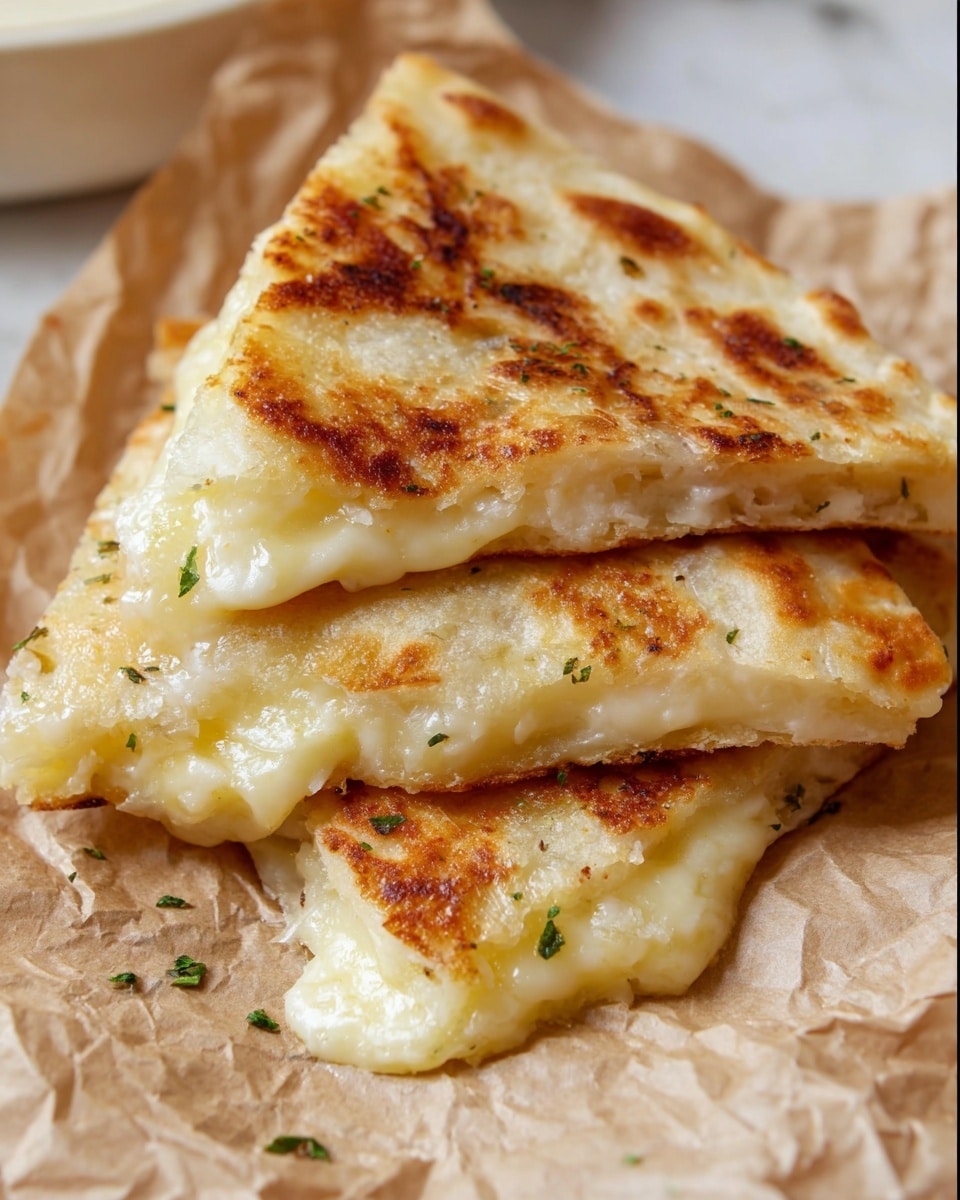 The image shows several folded quesadilla triangles arranged around a black bowl with white floral designs filled halfway with creamy, light orange dip. Each quesadilla slice has two visible layers of crispy, golden-brown outer tortillas with a well-cooked, slightly browned texture, and a middle pinkish layer of meat or filling. One quesadilla piece is partially dipped into the bowl, showing the smooth dip coating its edge. The food is placed on a white plate with a black floral pattern, resting on a white marbled textured surface. Photo taken with an iphone --ar 4:5 --v 7