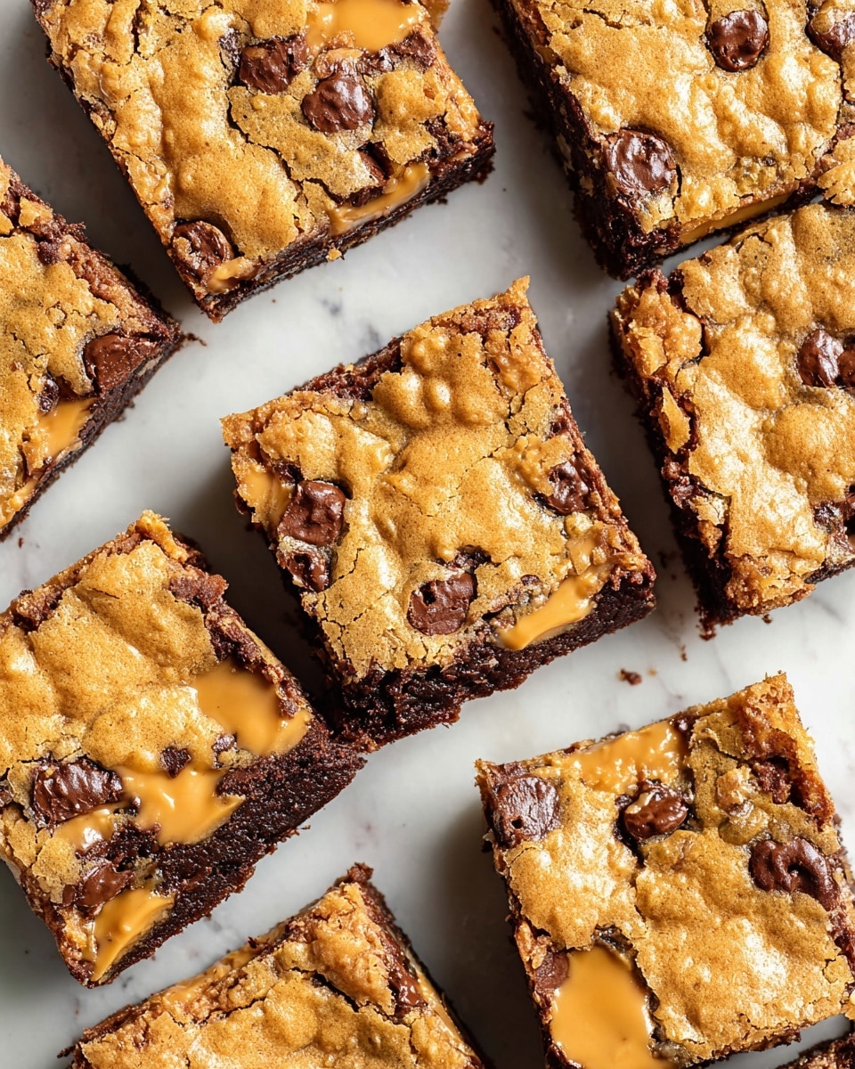 The image shows nine square-shaped dessert bars arranged closely on a white marbled surface. Each bar has two visible layers: a golden-brown, slightly crispy top layer with a crinkled texture and embedded darker chocolate chunks, and a bottom layer that appears rich and dark brown with melted chocolate showing slightly along the edges. Some bars have patches of creamy light brown peanut butter melted into the top layer, blending softly with the golden surface. The tops look chewy with gooey spots of chocolate and peanut butter. photo taken with an iphone --ar 4:5 --v 7