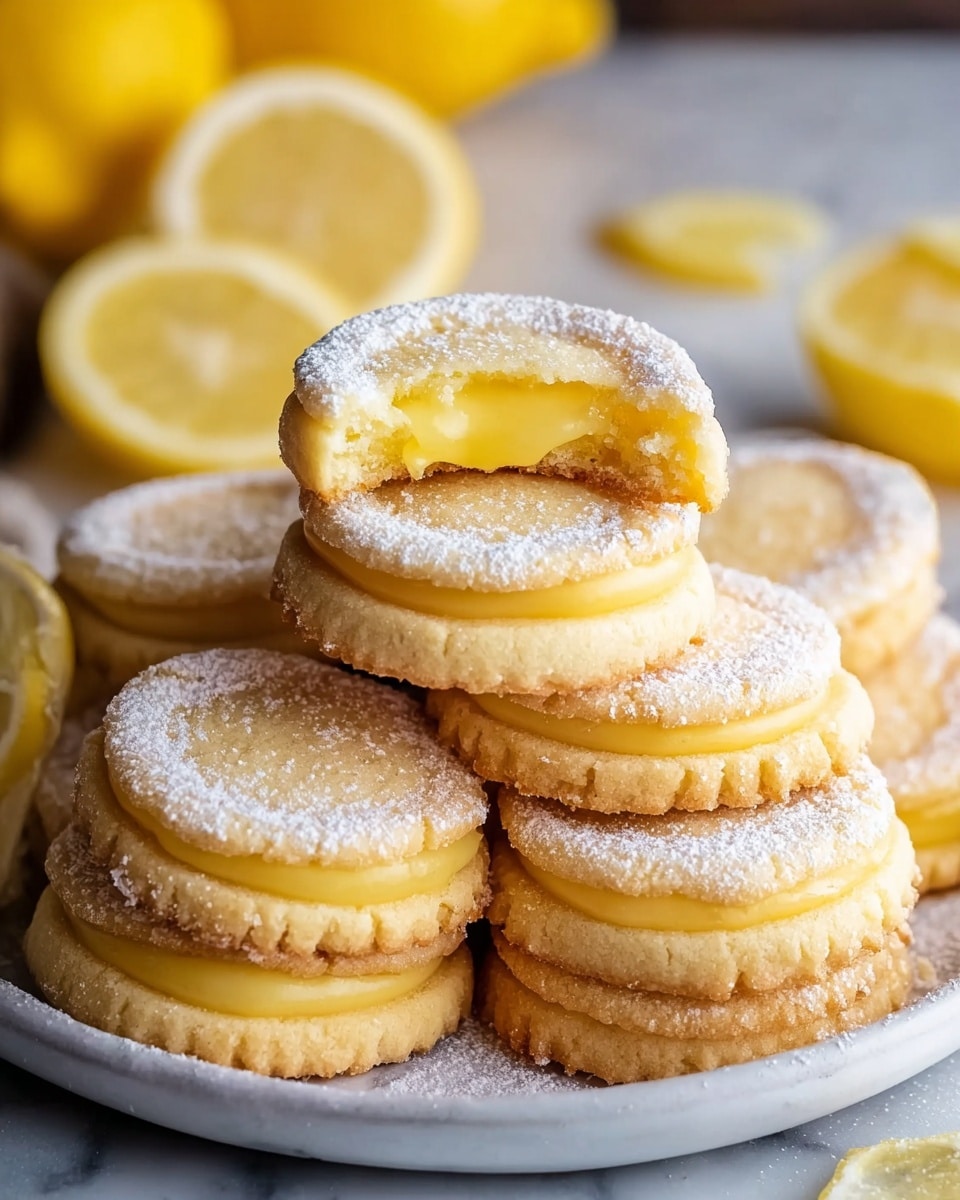 A stack of round lemon cookies with a slightly cracked, pale yellowish surface and a light dusting of powdered sugar is shown on a white plate. The cookies have a scalloped edge and a soft, thick texture. One cookie at the top has a bite taken from it, revealing a bright yellow, smooth lemon filling inside. In the background, whole lemons and halved lemons add a fresh touch. A white marbled texture forms the surface beneath the plate. photo taken with an iphone --ar 4:5 --v 7