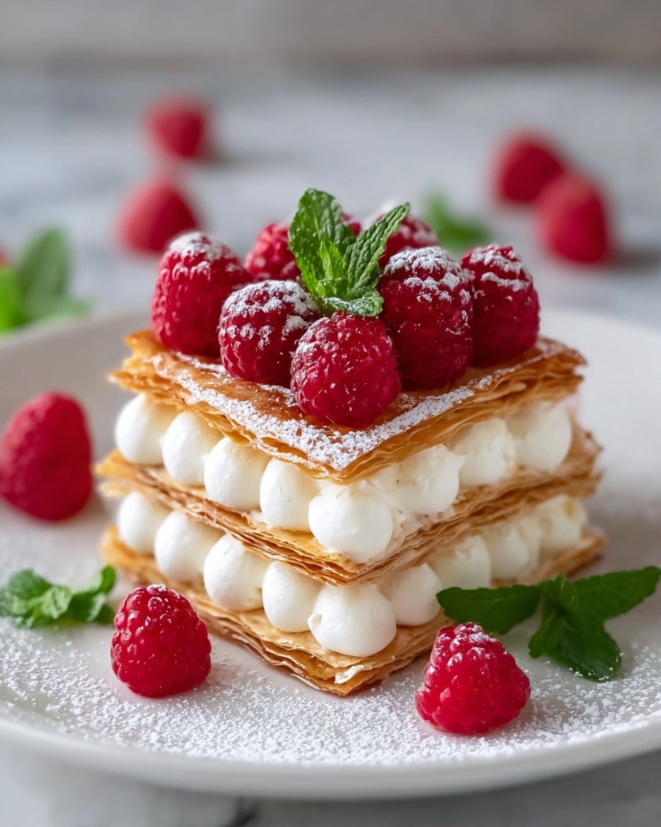 A three-layer square dessert sits on a white plate with a fine dusting of powdered sugar around it. Each layer alternates between thin, golden-brown, flaky pastry and thick, white cream piped in round dollops. The top pastry layer is decorated with fresh, bright red raspberries arranged neatly and a sprig of fresh green mint leaves. Several loose raspberries and mint leaves are scattered around the plate on a white marbled surface. photo taken with an iphone --ar 4:5 --v 7