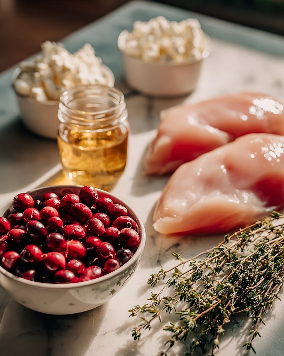 The image shows a close-up of raw food ingredients arranged on a white marbled surface. Two pieces of pale pink raw chicken breasts rest on a white surface at the back right, casting soft shadows. To the left, a small white bowl filled with vibrant red cranberries takes the front position, standing out with their glossy texture. Next to it is a small glass jar containing golden honey, the light making it shimmer. Behind the honey are two white bowls with small, soft white cheese curds or cottage cheese. On the right side near the chicken, a bunch of fresh green herbs, likely thyme, lays lengthwise with small leaves and woody stems. The overall warm light highlights the textures and colors clearly and naturally. photo taken with an iphone --ar 4:5 --v 7