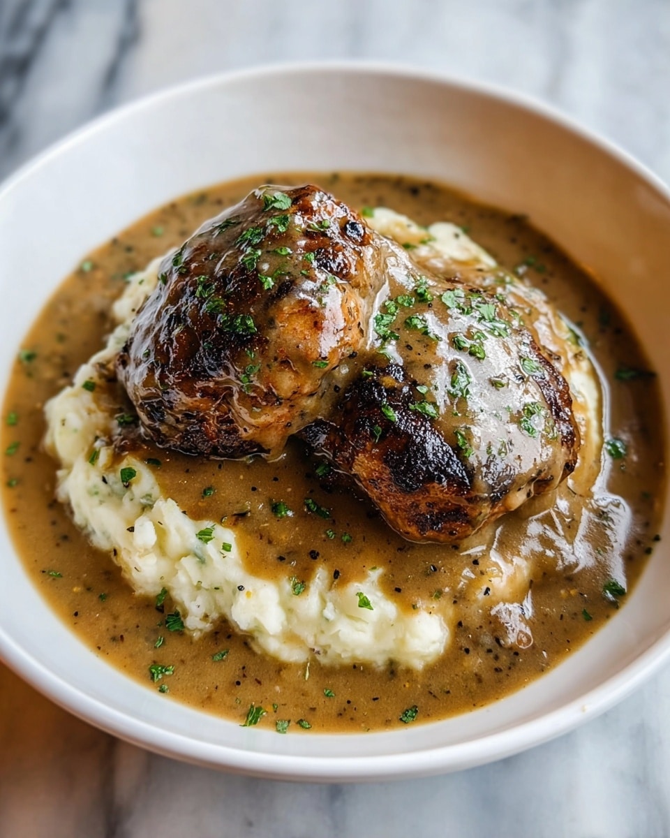A white bowl holds a dish with a base layer of creamy, white mashed potatoes covered in a thick, brown gravy with specks of black pepper and herbs. On top are two browned meat patties, their surface charred and crispy with a glistening layer of gravy. The dish is finished with a sprinkle of finely chopped green herbs scattered over the meat and gravy, adding a fresh contrast. The background is a white marbled texture. photo taken with an iphone --ar 4:5 --v 7