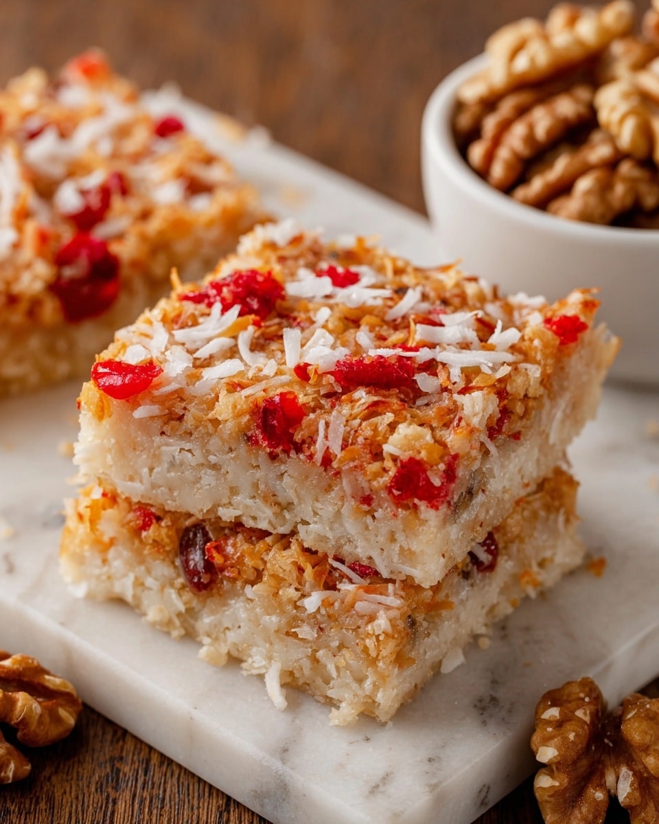 A close-up view of a golden brown coconut bar with red cherry pieces and bits of nuts visible on the top layer, showing a crunchy texture. The bar is square-shaped with one bite taken out of it, held by a woman's hand near the top right corner. Below it, another whole bar lies flat, showing similar layers of toasted coconut shreds mixed with red cherries and nuts. The bars have a slightly shiny, textured surface with a mix of light beige, red, and brown tones. The background shows a white marbled texture with soft lighting. photo taken with an iphone --ar 4:5 --v 7