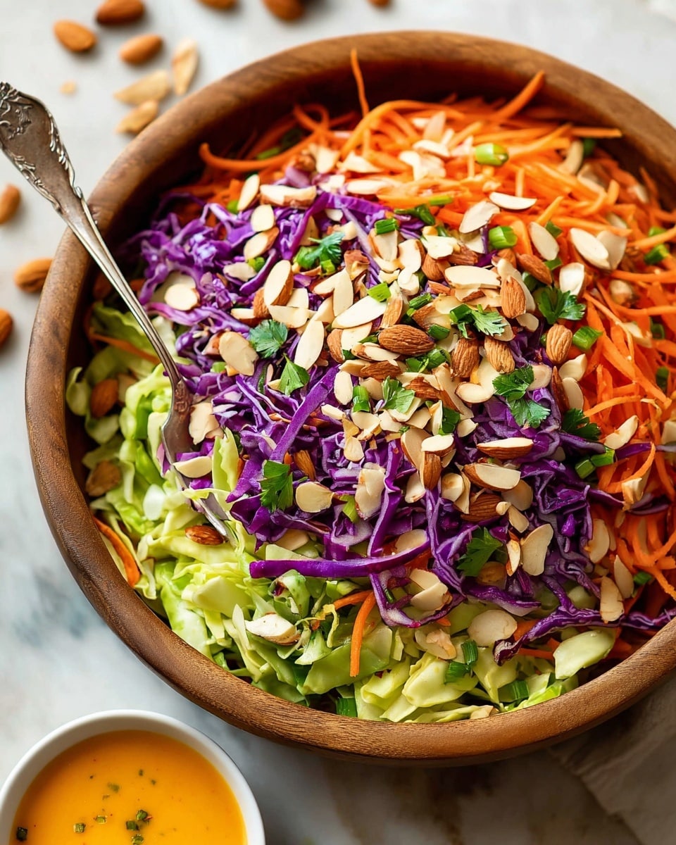 This image shows a wooden bowl filled with a colorful salad made of three main layers. The bottom layer has light green cabbage pieces that look crisp and fresh. Above that, there is a layer of thin, orange carrot strips and bright purple cabbage strips mixed evenly, creating a vibrant color contrast. The top layer is sprinkled with light brown toasted almond slices, whole almonds, and small green chopped scallions, along with fresh green parsley leaves scattered on top. A silver fork is placed inside the bowl on the left side. The bowl sits on a white marbled surface with a small white bowl of orange dressing visible in the lower left corner. Photo taken with an iphone --ar 4:5 --v 7