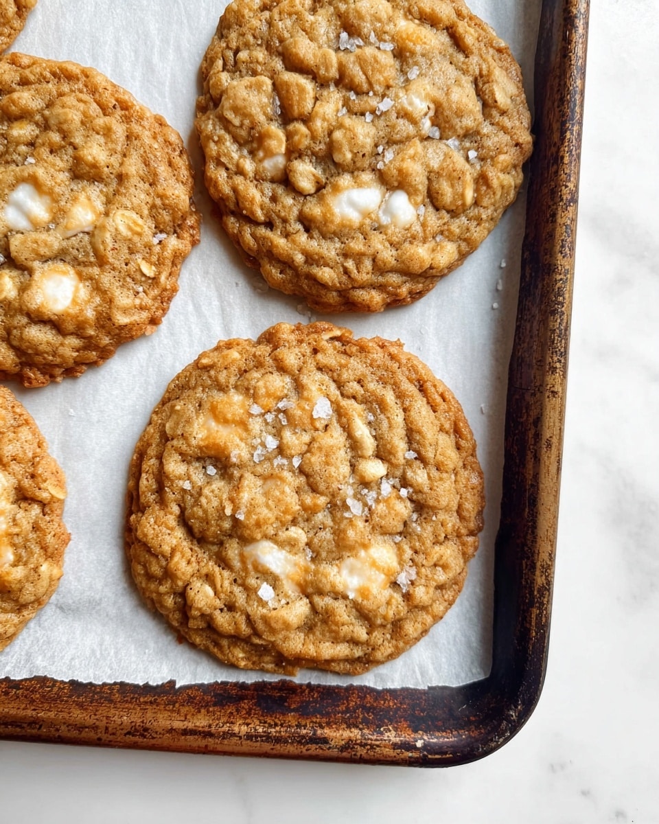 This image shows a close-up of four round oatmeal cookies on a white parchment-lined baking sheet with a dark, rustic metal edge. Each cookie has a golden-brown color with a rough, textured surface from the oats. The cookies have slightly uneven edges and visible white spots that look like melted marshmallow or white chocolate. Some coarse salt crystals are lightly sprinkled on top, adding a shiny effect. The baking sheet is placed on a white marbled surface. photo taken with an iphone --ar 4:5 --v 7