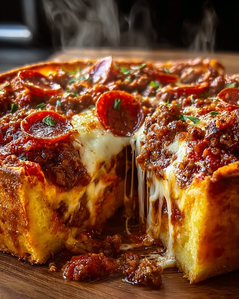 A thick, deep-dish pizza with three clear layers: a golden-brown, thick crust at the bottom, followed by a rich, red tomato sauce layer dotted with herbs and chunks of browned ground meat in the middle, and a top layer of melted, gooey white cheese stretching as a slice is pulled away, sprinkled with slices of glossy red pepperoni and small bits of green herbs. The pizza sits on a wooden surface with steam rising from the hot cheese and toppings. photo taken with an iphone --ar 4:5 --v 7