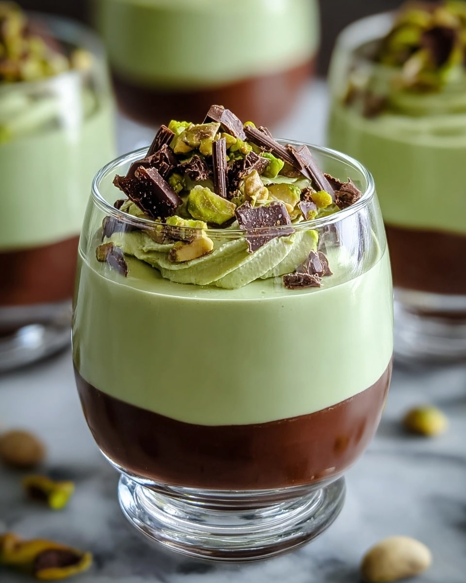 A glass dessert has three visible layers: the bottom layer is light green and smooth, the middle layer is thick, dark chocolate brown, and the top layer is a dollop of light green cream with a soft, fluffy texture. The top is decorated with whole and chopped green pistachios and thin, dark chocolate shavings scattered around. The glass is clear and rounded with a short stem, placed on a white marbled surface with out-of-focus similar desserts in the background. Photo taken with an iphone --ar 4:5 --v 7