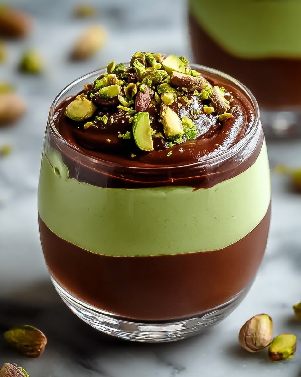 A clear glass cup shows three layers of dessert: a dark brown smooth chocolate layer at the bottom, a thick light green creamy layer in the middle, and a glossy dark chocolate topping on top. The dark chocolate topping is decorated with bright green chopped pistachios and small brown pieces, scattered over the surface. The glass is placed on a white marbled texture, with some pistachio pieces scattered nearby in the background. Photo taken with an iphone --ar 4:5 --v 7