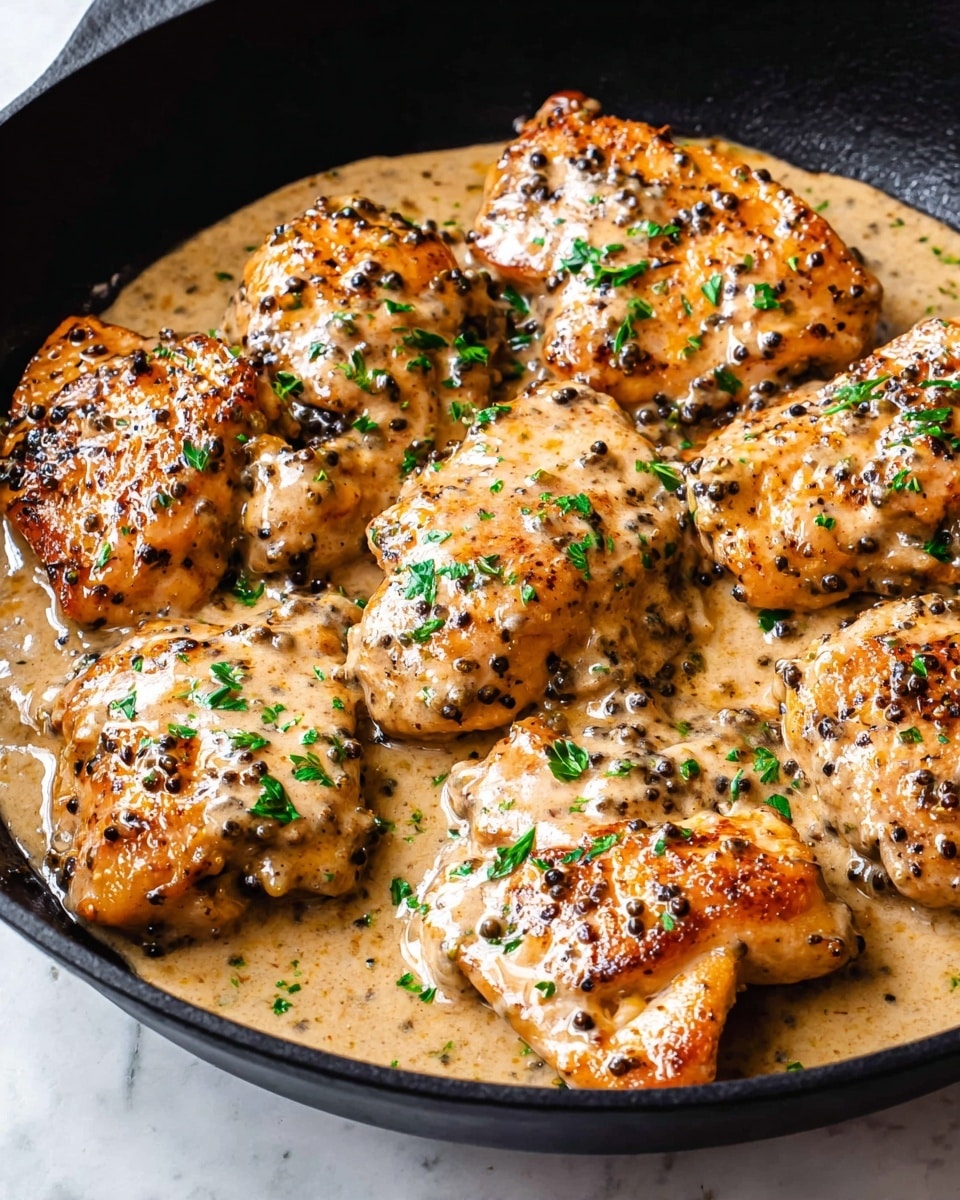 In a black skillet, there are several pieces of cooked chicken covered in a creamy light brown sauce with visible black peppercorns and bits of seasoning. The chicken pieces have a golden brown color with a slightly crispy texture on the outside. Fresh green parsley is sprinkled on top of the chicken, adding a touch of color. The sauce pools slightly around the edges in the skillet. The skillet itself sits on a white marbled surface. photo taken with an iphone --ar 4:5 --v 7