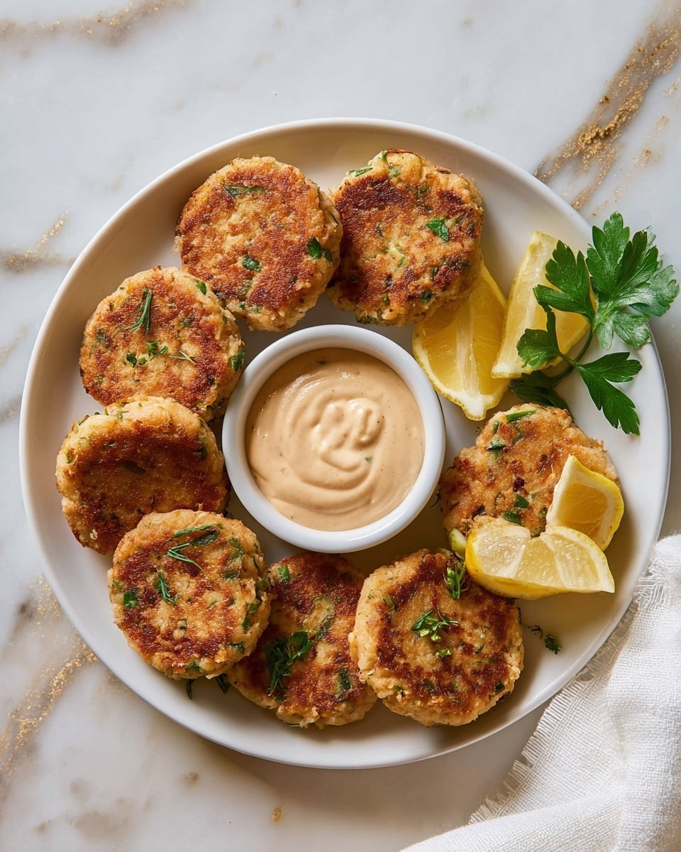 A round white plate holds eight golden-brown patties with a slightly crispy surface, each studded with small green herb pieces, arranged in a loose circle. In the center of the plate sits a small white bowl filled with a creamy, smooth beige sauce. Bright yellow lemon wedges are positioned to the right of the sauce bowl. A fresh sprig of green parsley adds a touch of color near the lemon wedges. The plate rests on a white marbled surface with subtle gold veins, and a white cloth napkin is placed near the bottom right edge of the image. Photo taken with an iphone --ar 4:5 --v 7
