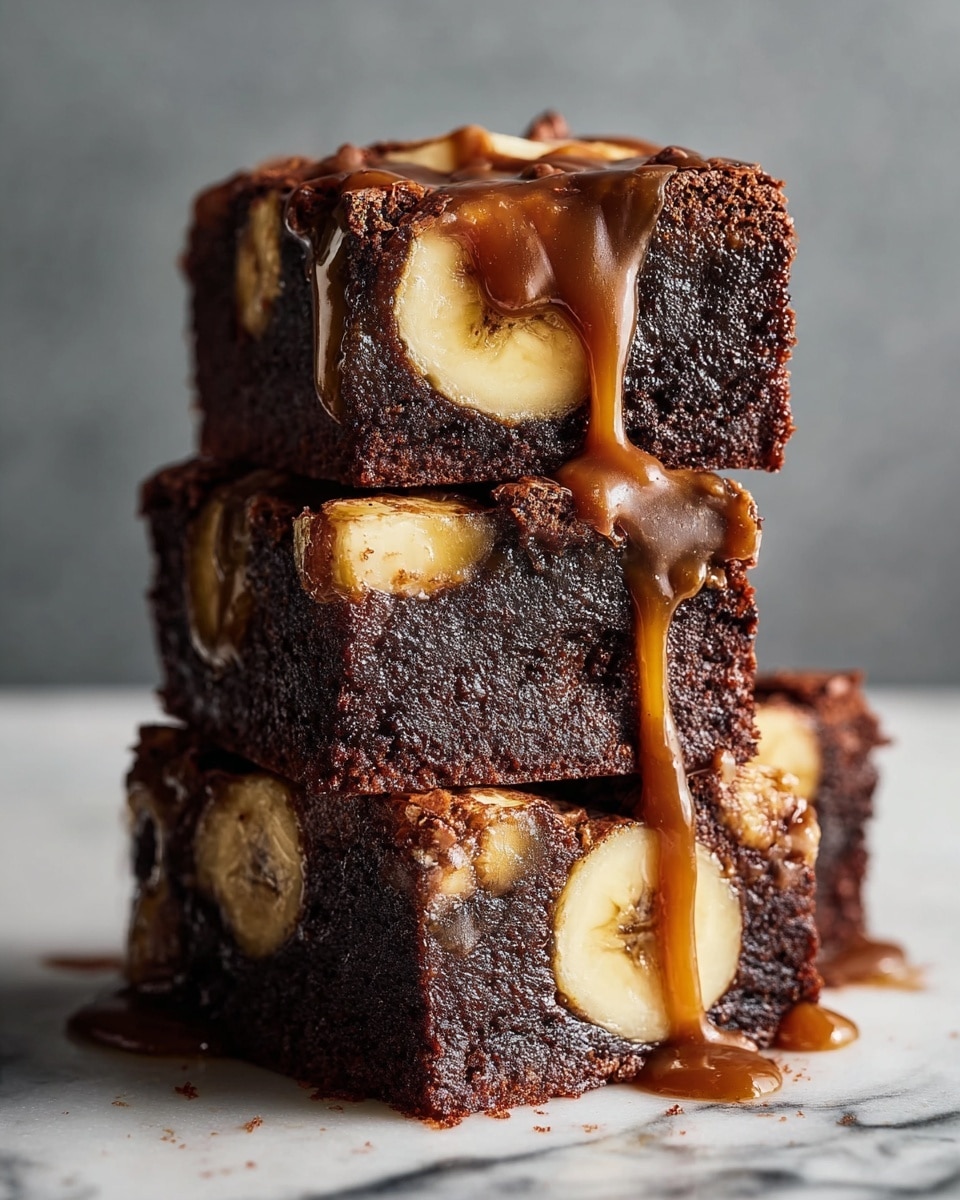 A stack of four thick dark chocolate brownies layered with visible slices of banana inside and on top, each piece showing dense and moist texture. The top layer has caramel sauce slowly dripping down the sides, creating a shiny, smooth contrast against the matte brownie and soft banana pieces. The brownies sit on a white marbled surface, with a shallow depth of field highlighting the rich textures and gooey caramel. photo taken with an iphone --ar 4:5 --v 7