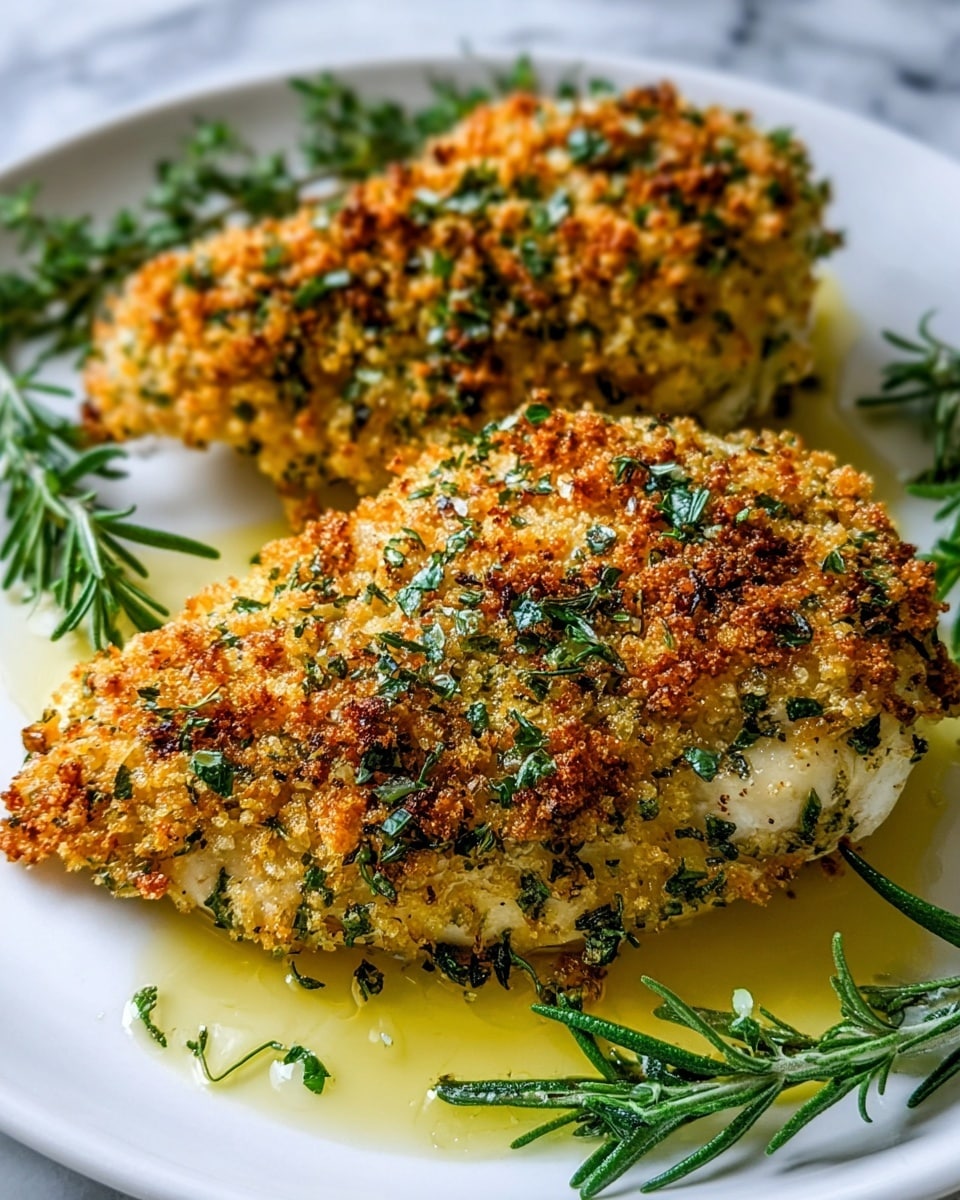 Two pieces of golden brown baked chicken breasts sit on a white plate with a shallow pool of light yellow oil around them. Each chicken breast is coated with a crispy, crumbly topping made of breadcrumbs mixed with finely chopped green herbs, giving it a textured look with green flecks. The topping is unevenly browned, showing darker toasted spots scattered across. Fresh green herb sprigs, including rosemary, are placed around the chicken breasts on the plate, adding a fresh touch and color contrast against the white marbled background beneath. photo taken with an iphone --ar 4:5 --v 7