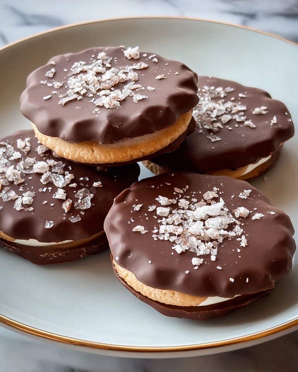 Four chocolate-covered sandwich cookies are placed on a white plate with a thin gold rim, sitting on a white marbled surface. Each cookie has two layers: the top and bottom are smooth, round chocolate-covered cookies with a slight wavy edge, dark brown in color with crushed white pieces sprinkled on top, while a light tan cream filling forms the middle layer, visible at the sides where the cookies meet. The cookies are arranged close together with slight overlaps, showing the textures of the chocolate and cream clearly. Photo taken with an iphone --ar 4:5 --v 7