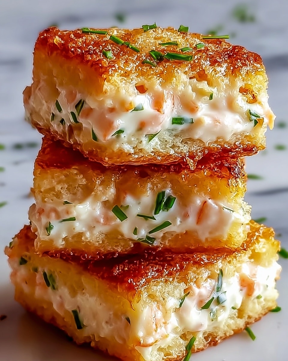 The image shows two thick square layers of a golden-brown crispy exterior sandwiching a creamy white filling mixed with small pieces of pink shrimp and green herbs. The top and bottom layers have a slightly crunchy and textured surface with a warm toasted look. The creamy filling oozes gently between the layers, dotted with finely chopped green herbs that add a fresh touch. The overall stack is placed on a white marbled surface, giving a clean, bright backdrop. photo taken with an iphone --ar 4:5 --v 7