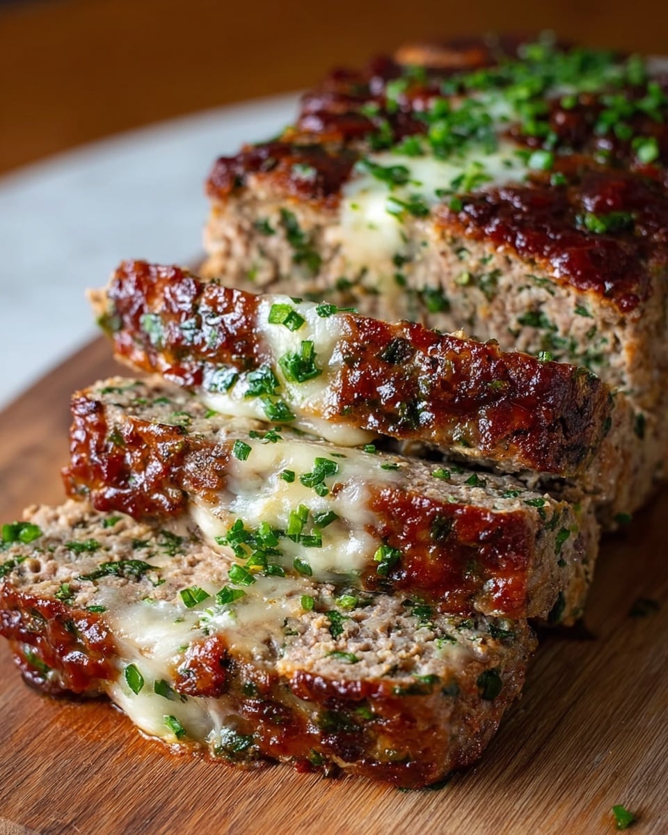 This image shows a thick meatloaf sliced into three pieces stacked slightly on top of each other on a wooden surface replaced by a white marbled texture. The meatloaf has a rich brown, crispy outer crust mixed with green herbs all over the sides and top. Inside, the meat is a lighter brown, finely ground with specks of green herbs and melted white cheese spread in layers, oozing out between the slices. The top of the meatloaf is garnished with finely chopped green herbs, adding a fresh contrast to the rich, browned meat. photo taken with an iphone --ar 4:5 --v 7
