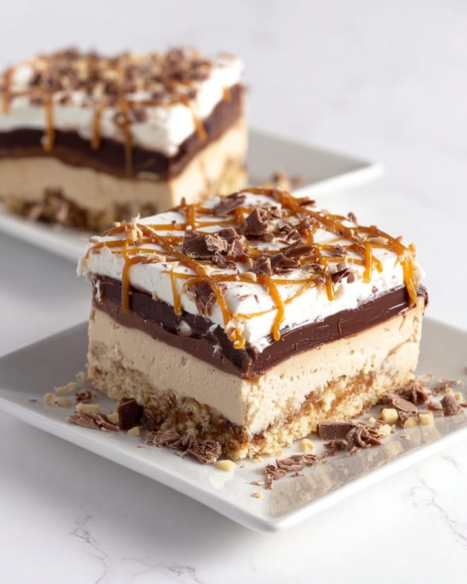 The image shows two square layered dessert pieces on white square plates placed on a white marbled surface. Each piece has four visible layers: the bottom layer is a crumbly, light brown base mixed with small crunchy bits, likely pretzel pieces. Above that is a thick creamy layer of pale beige color. Next is a thinner, smooth dark chocolate layer. The top layer is white whipped cream with a caramel drizzle in a grid pattern and scattered milk chocolate shavings. Some crumbs are spread around the bottom edges of the closest dessert piece. Photo taken with an iphone --ar 4:5 --v 7