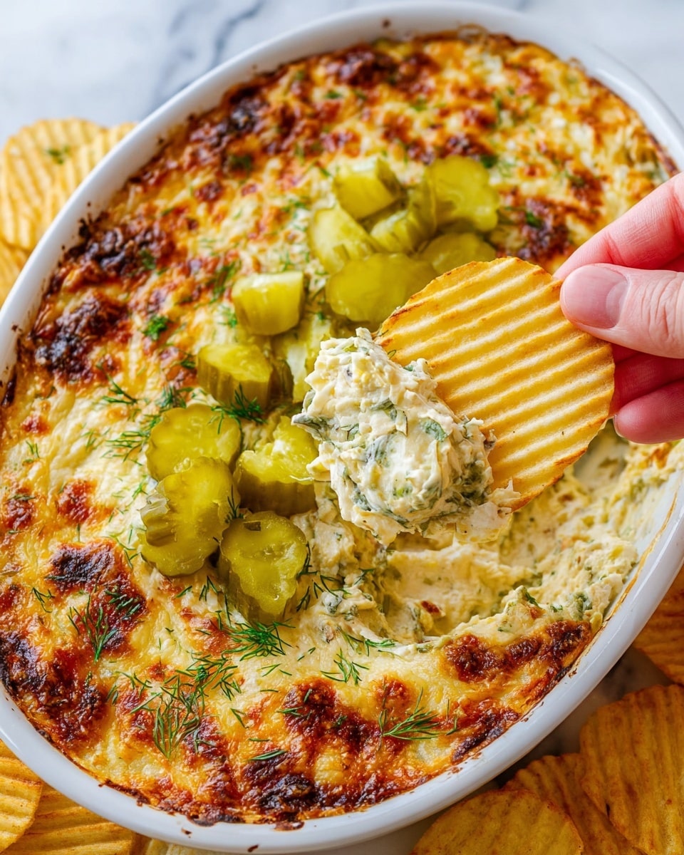 The image shows a white oval dish filled with a creamy baked dip that has a browned, slightly crispy top layer. The dip is speckled with green dill and chopped pickles, adding color and texture to its golden, bubbly surface. On top and in the dip, there are diced pickles scattered around, giving a fresh contrast to the rich dip. A woman's hand is holding a ridged potato chip dipped into the creamy mixture, showing the thick, smooth texture mixed with chunks of pickles and herbs. The dish sits on a white marbled surface with more potato chips visible around the dish. photo taken with an iphone --ar 4:5 --v 7
