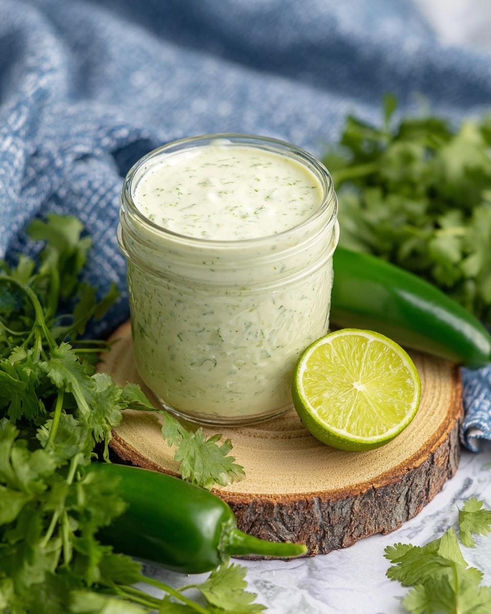 A small clear glass jar filled with a creamy, pale green sauce with tiny green flecks throughout, sitting on a round wooden slice. In front of the jar is a bright green lime cut in half showing its juicy texture. Surrounding the jar are fresh green jalapeño peppers and vibrant green cilantro leaves. The background shows a blue and white cloth on a white marbled texture surface. photo taken with an iphone --ar 4:5 --v 7