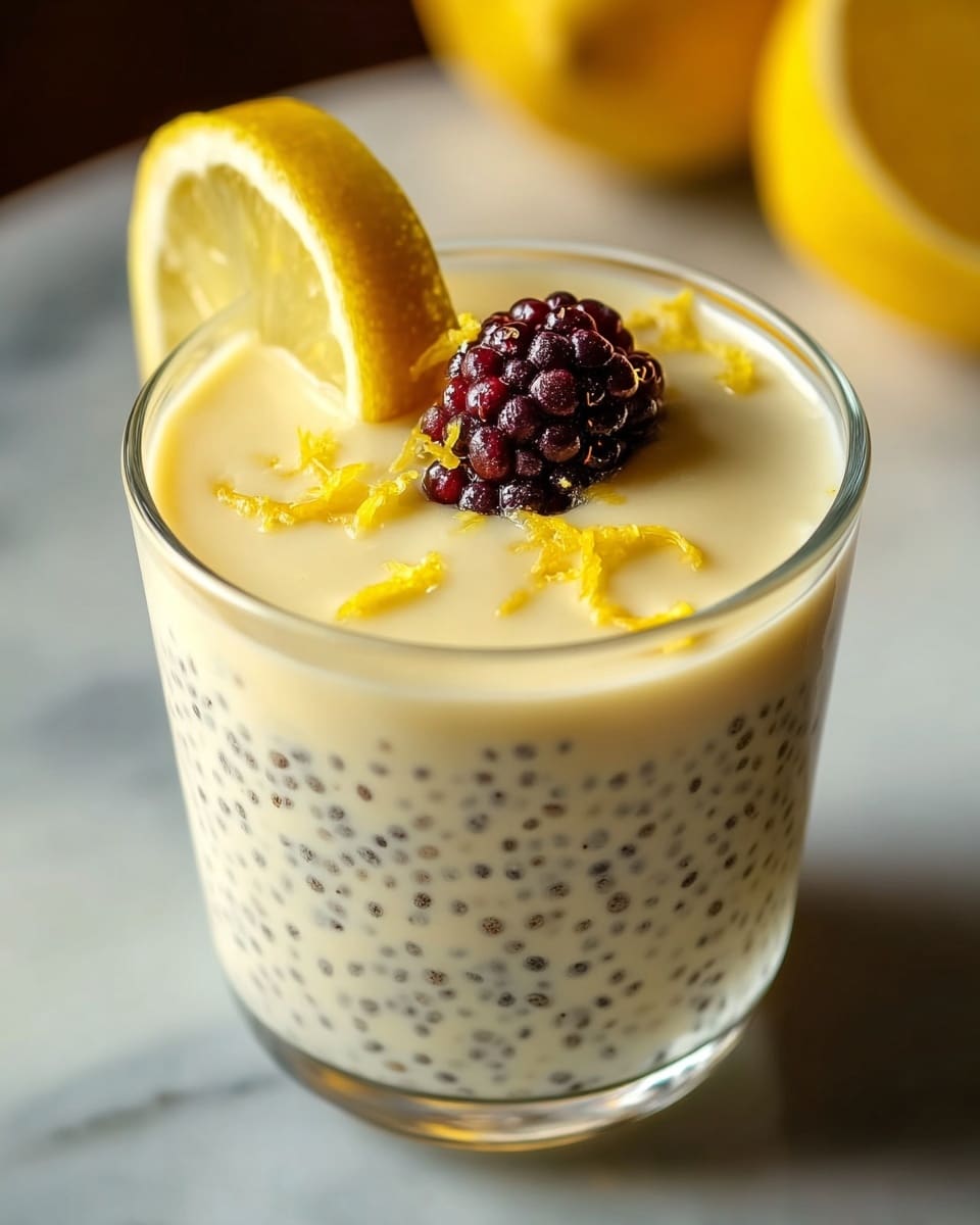 A clear glass cup contains a creamy, pale yellow pudding with tiny black chia seeds throughout, filling most of the glass. The top layer is smooth and slightly glossy with scattered small white chunks, sprinkled with thin bright yellow lemon zest strands. On top, there is a single dark red blackberry placed near a thin, curved slice of lemon with visible lemon segments. The glass sits on a white marbled surface, with blurred yellow shapes in the background. photo taken with an iphone --ar 4:5 --v 7