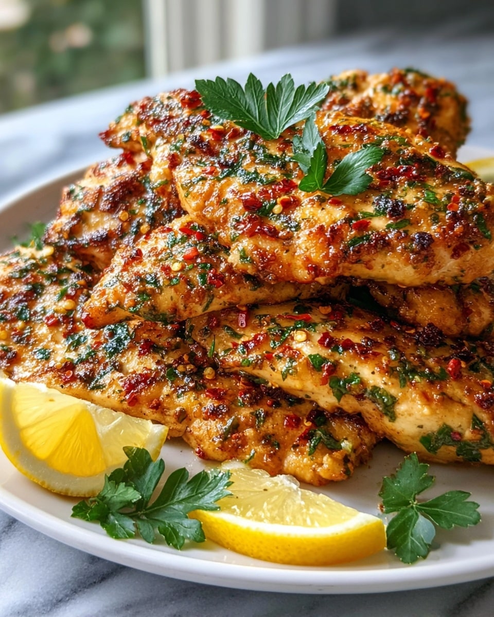 A white plate holds a pile of four layers of golden-brown grilled chicken breasts, each piece richly coated with finely chopped green herbs and scattered red chili flakes, creating a textured surface with a mix of crispy and moist spots. The top layer is decorated with fresh flat green parsley leaves, adding a touch of color contrast. On the side of the plate, two bright yellow lemon wedges with visible juicy segments provide a fresh accent. The dish is set against a softly blurred background with a white marbled texture surface partially visible underneath. Photo taken with an iphone --ar 4:5 --v 7