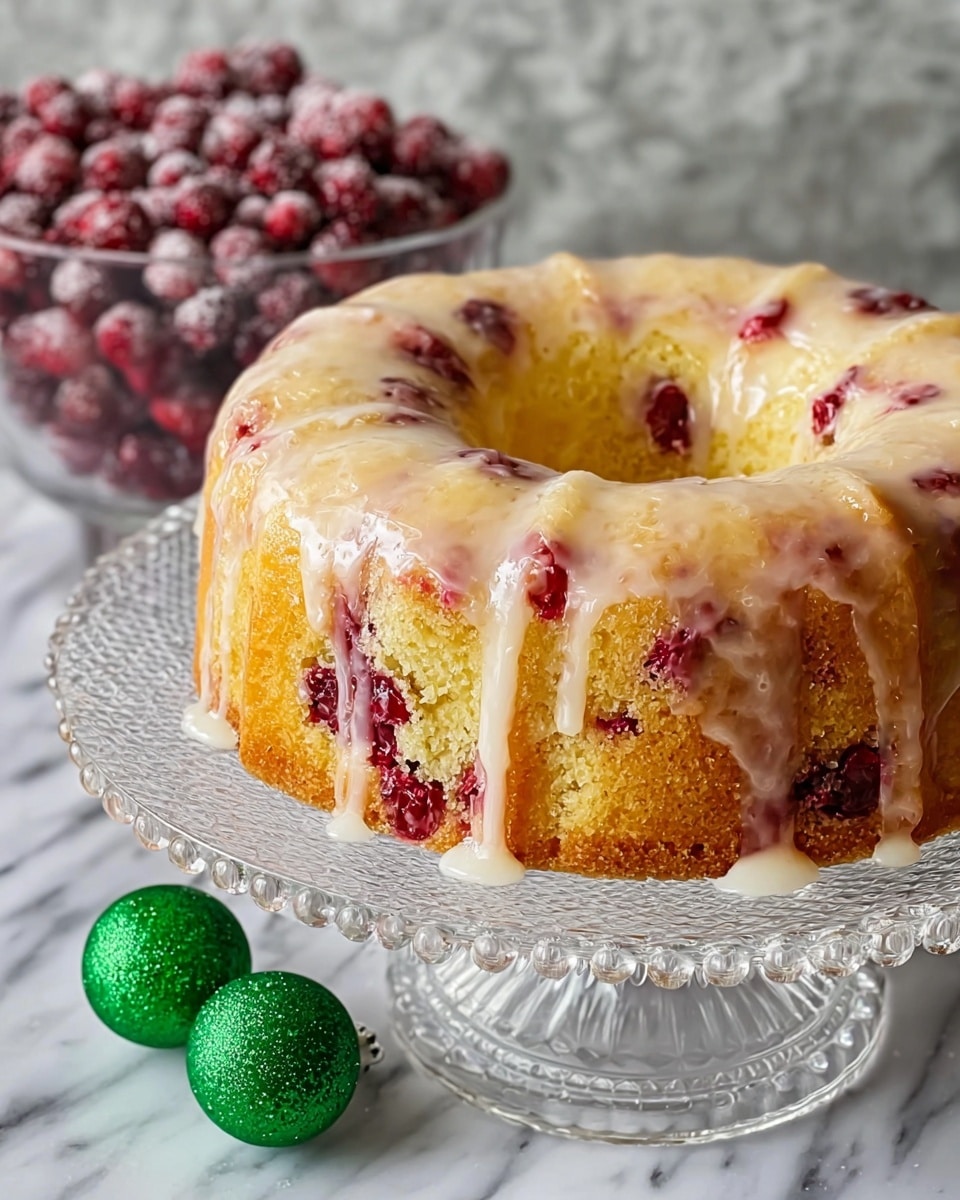A round bundt cake sits on a clear glass cake stand with a detailed scalloped edge. The cake is golden yellow with visible red berry pieces evenly distributed throughout its thick, shiny white glaze that drips down the sides. The glaze has a slightly translucent texture, showing the berries underneath. Behind the cake, there is a clear glass bowl filled with frosted red berries, and on the white marbled surface below, three small, shiny green decorative balls are placed next to the cake stand. photo taken with an iphone --ar 4:5 --v 7