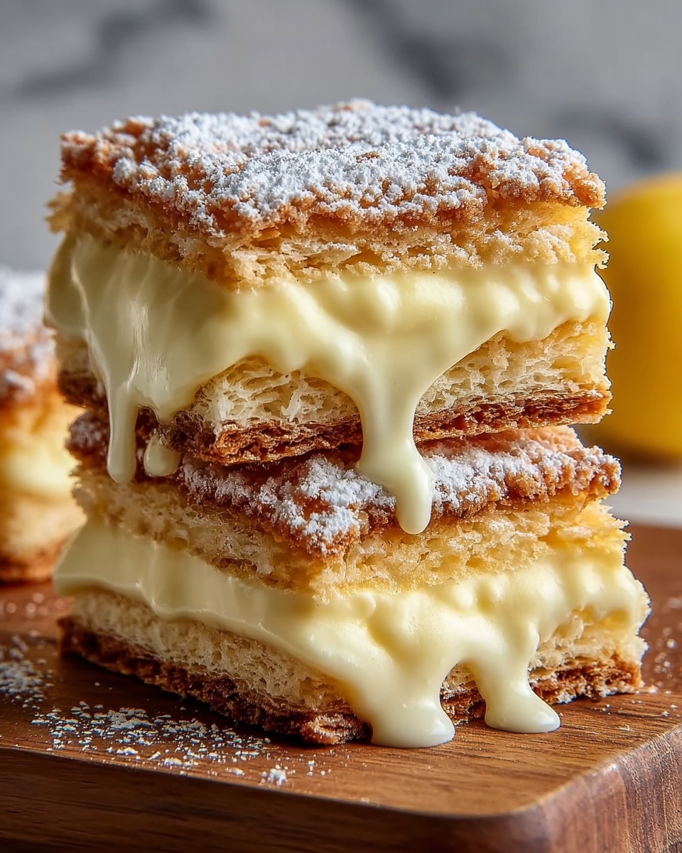 The image shows a stack of two thick layers of creamy, pale yellow custard dripping down the sides, sandwiched between three golden-brown, crispy pastry layers dusted generously with white powdered sugar. The custard looks smooth and glossy, oozing out softly from between the flaky, slightly crumbly pastry layers, all set on a wooden board with some scattered powdered sugar around. The background is softly blurred with a white marbled texture visible, creating a clean and bright setting. photo taken with an iphone --ar 4:5 --v 7