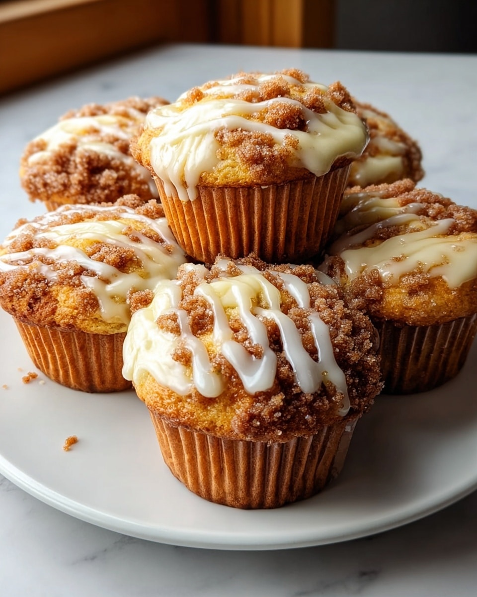 A white round plate holds six golden brown muffins with a slightly rough texture on top, each topped with a thick layer of creamy, off-white icing swirled in the center. The muffins have crumbly, light brown streusel bits scattered on top and are drizzled with thin lines of white glaze. The muffins are arranged close together on a white marbled surface. The warm light highlights the moist, fluffy texture of the muffins and the shiny glaze on top, with a few crumbs scattered on the plate. photo taken with an iphone --ar 4:5 --v 7