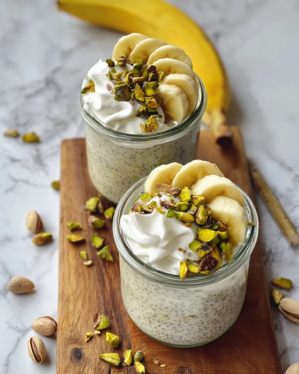 Two glass jars of chia pudding sit on a wooden board over a white marbled surface. Each jar has three visible layers: the bottom layer is a creamy, pale chia pudding with tiny black chia seeds throughout; the middle layer consists of thin, pale yellow banana slices arranged neatly; the top layer is a swirl of white whipped cream garnished with chopped green and brown pistachios scattered unevenly. In the background, a yellow banana and some pistachios are scattered on the white marbled surface, and a woman's hand is holding one of the jars. Photo taken with an iphone --ar 4:5 --v 7