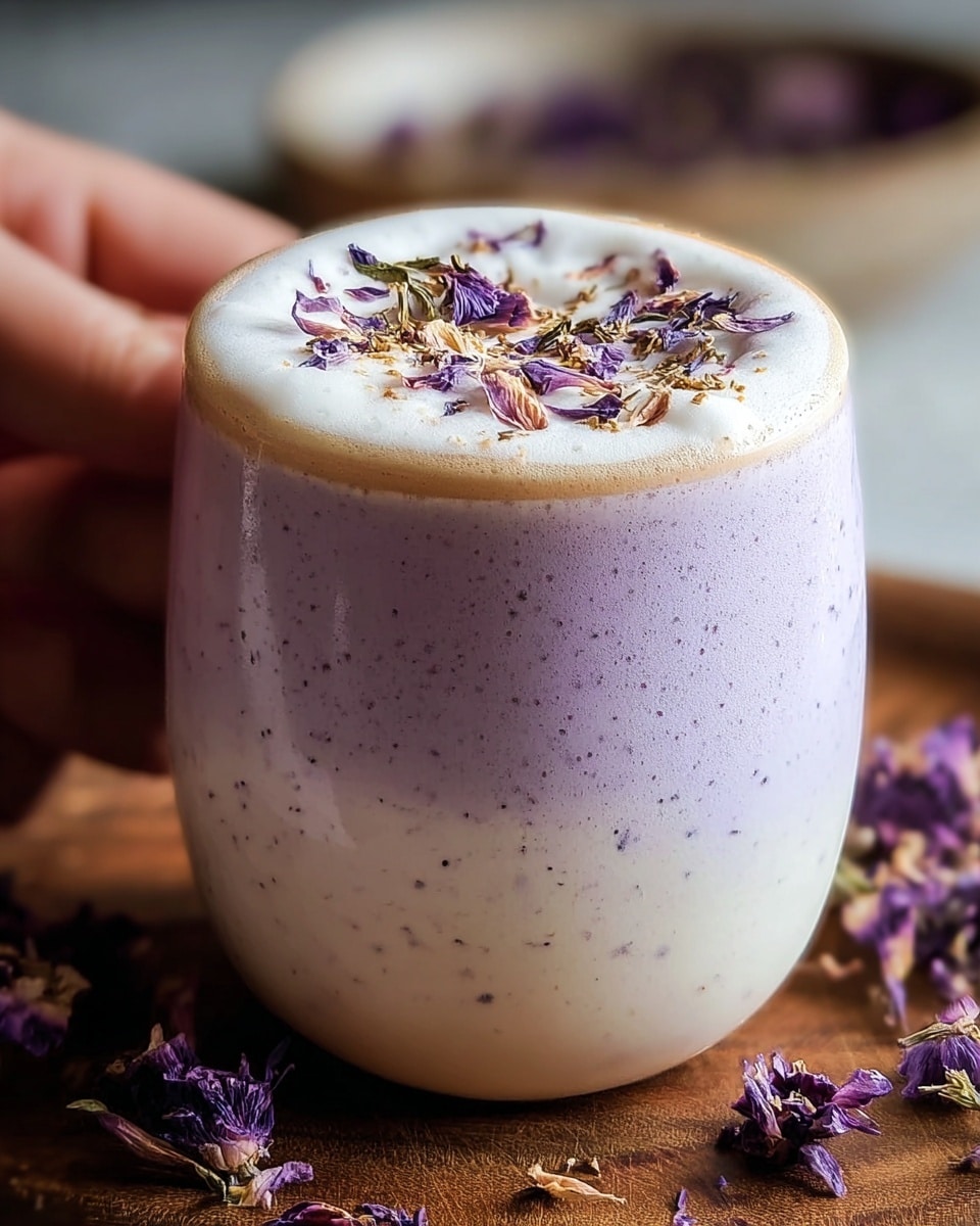 A close-up view of a two-layered drink in a curved white cup; the bottom layer is light purple with tiny dark specks scattered throughout, and the top layer is thick white foam sprinkled with small dried purple and brown flower petals. The cup sits on a wooden surface with some scattered dried purple flowers blurred in the background, all against a white marbled texture. photo taken with an iphone --ar 4:5 --v 7