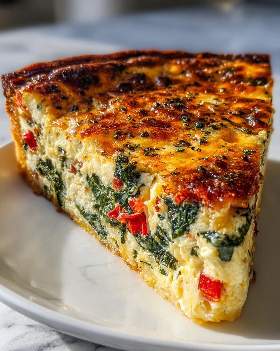 A thick slice of quiche sits on a white plate over a white marbled surface. The quiche has a golden brown crispy crust on the bottom and sides, slightly thick and crunchy in texture. The filling is layered with a creamy, pale yellow egg mixture mixed with small pieces of dark green spinach, and bright red bell peppers scattered throughout. The top layer is a well-browned melted cheese with a slightly bubbly texture, showing some brown spots and seasoning flakes, giving a rustic and hearty look. photo taken with an iphone --ar 4:5 --v 7