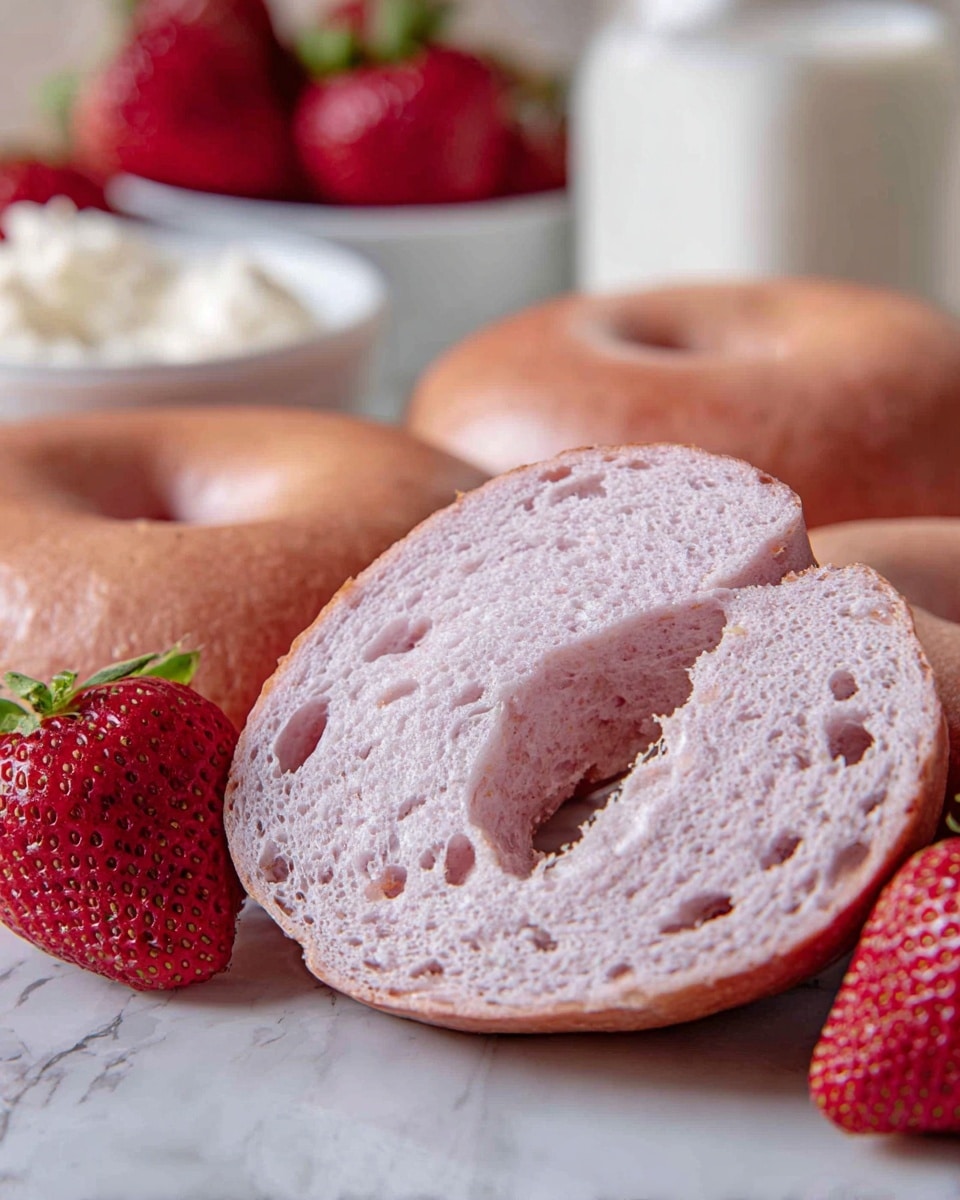 The image shows a close-up of a strawberry bagel cut in half with a soft, fluffy inside that has a light pinkish tone and air holes throughout, surrounded by whole strawberry bagels with smooth, slightly shiny pinkish-brown crusts. Next to the bagels, several fresh, bright red strawberries with green tops add a pop of color. In the background, a white bowl of cream cheese and a jar of milk are slightly out of focus. All the items rest on a surface with a white marbled texture. photo taken with an iphone --ar 4:5 --v 7