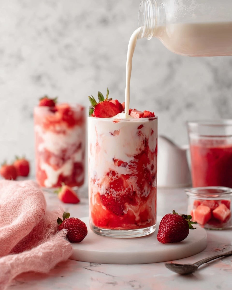The image shows a clear glass filled with a two-layer drink placed on a white marbled surface. The bottom layer is vibrant red with chunky strawberry pieces, and the top layer is creamy white milk being poured from a tilted clear bottle. The milk swirls through the strawberry layer, creating a marbled red-and-white texture. Behind the main glass, there is a second glass with a similar layered drink, topped with more strawberry pieces and a whole strawberry garnish on the rim. Around the glass on the surface, there are whole and chopped strawberries scattered along with a clear bowl of strawberry puree and a small white jug. A pink, soft-textured cloth lies folded on the left side of the scene. photo taken with an iphone --ar 4:5 --v 7