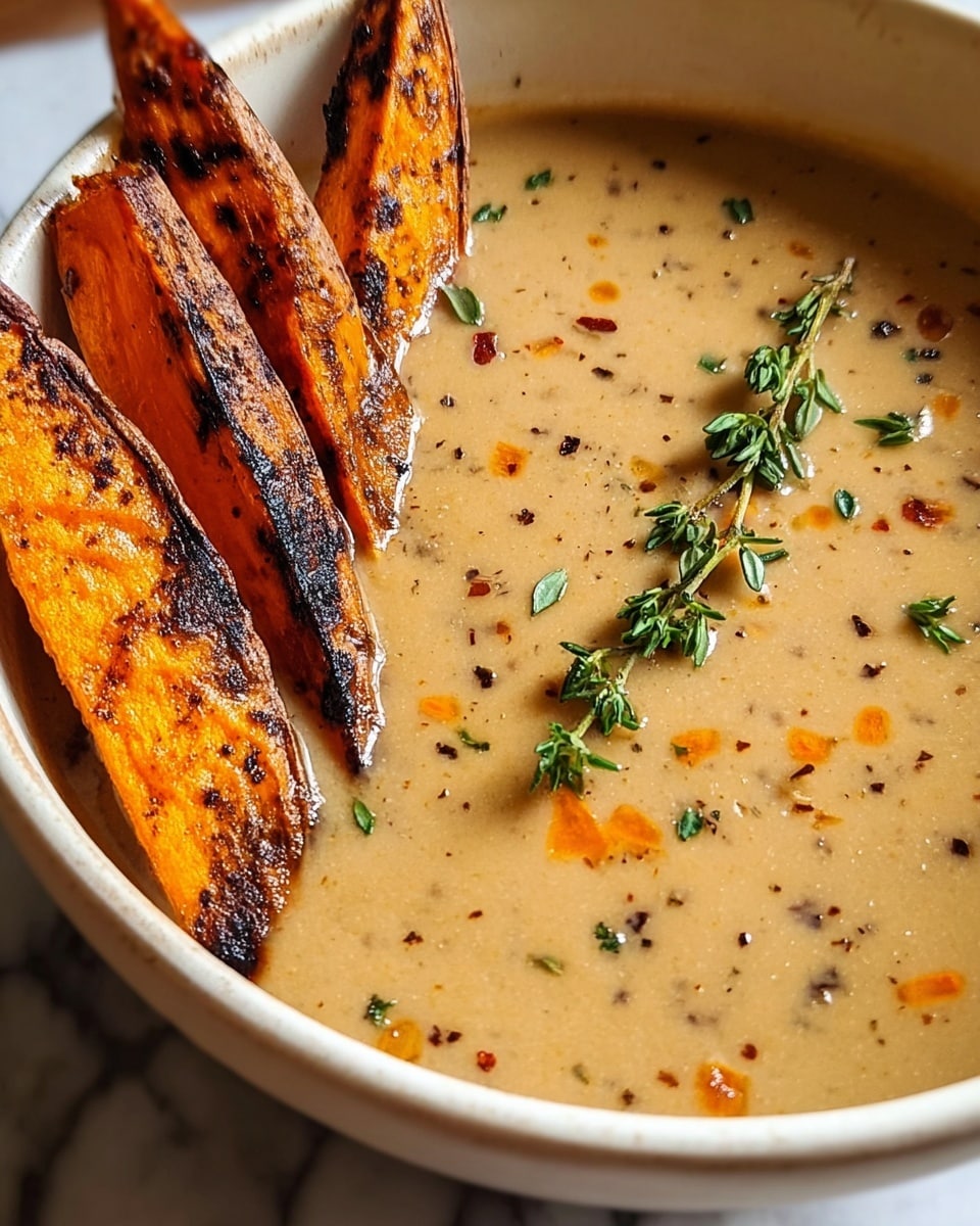 A close-up of a white bowl filled with creamy beige soup that has small orange and dark specks throughout, giving it a textured look. On the left edge of the bowl, four thick roasted sweet potato wedges are resting on the soup, showing a rich orange color with charred black grill marks. A fresh green thyme sprig lies diagonally on the right side of the soup, adding a touch of fresh green contrast. The bowl is set on a surface with a white marbled texture. photo taken with an iphone --ar 4:5 --v 7