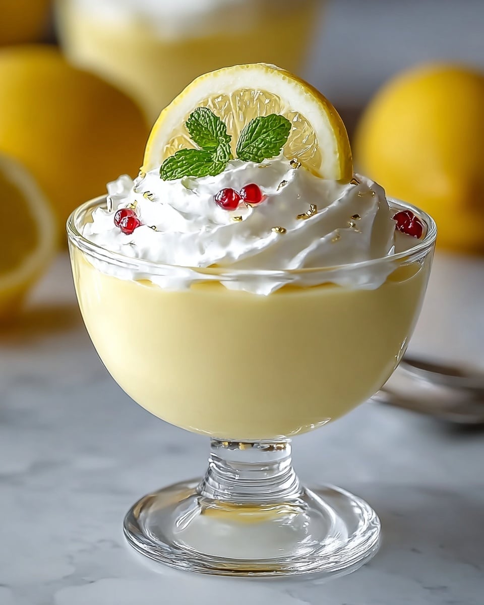 In a clear glass bowl with a short stem, there are two layers: a smooth, pale yellow custard fills the bottom part of the bowl, topped with a thick, fluffy white whipped cream layer. On top of the whipped cream sits a fresh, bright yellow lemon slice, slightly tilted, with a small green mint leaf and tiny red berries next to it for decoration. The dessert is placed on a white marbled surface, with blurred lemons visible in the background. photo taken with an iphone --ar 4:5 --v 7