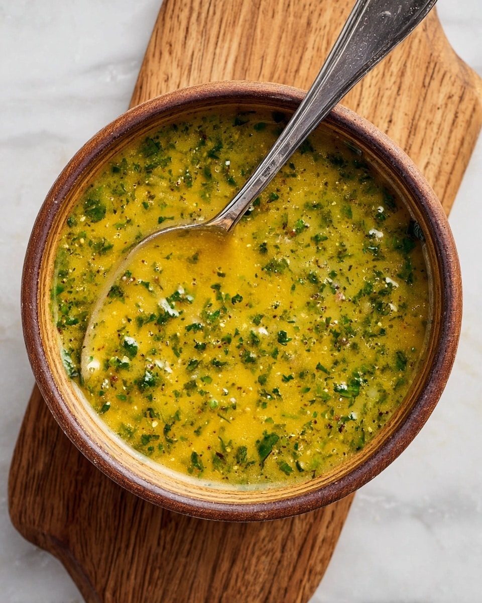 A close-up view of a brown-rimmed bowl filled with a yellow-green sauce that has a slightly thick texture, showing small green herb pieces spread evenly throughout. A silver spoon rests inside the bowl, partially covered with the sauce, reflecting a bit of light. The bowl is placed on a wooden board with natural grain patterns, set against a white marbled surface. photo taken with an iphone --ar 4:5 --v 7