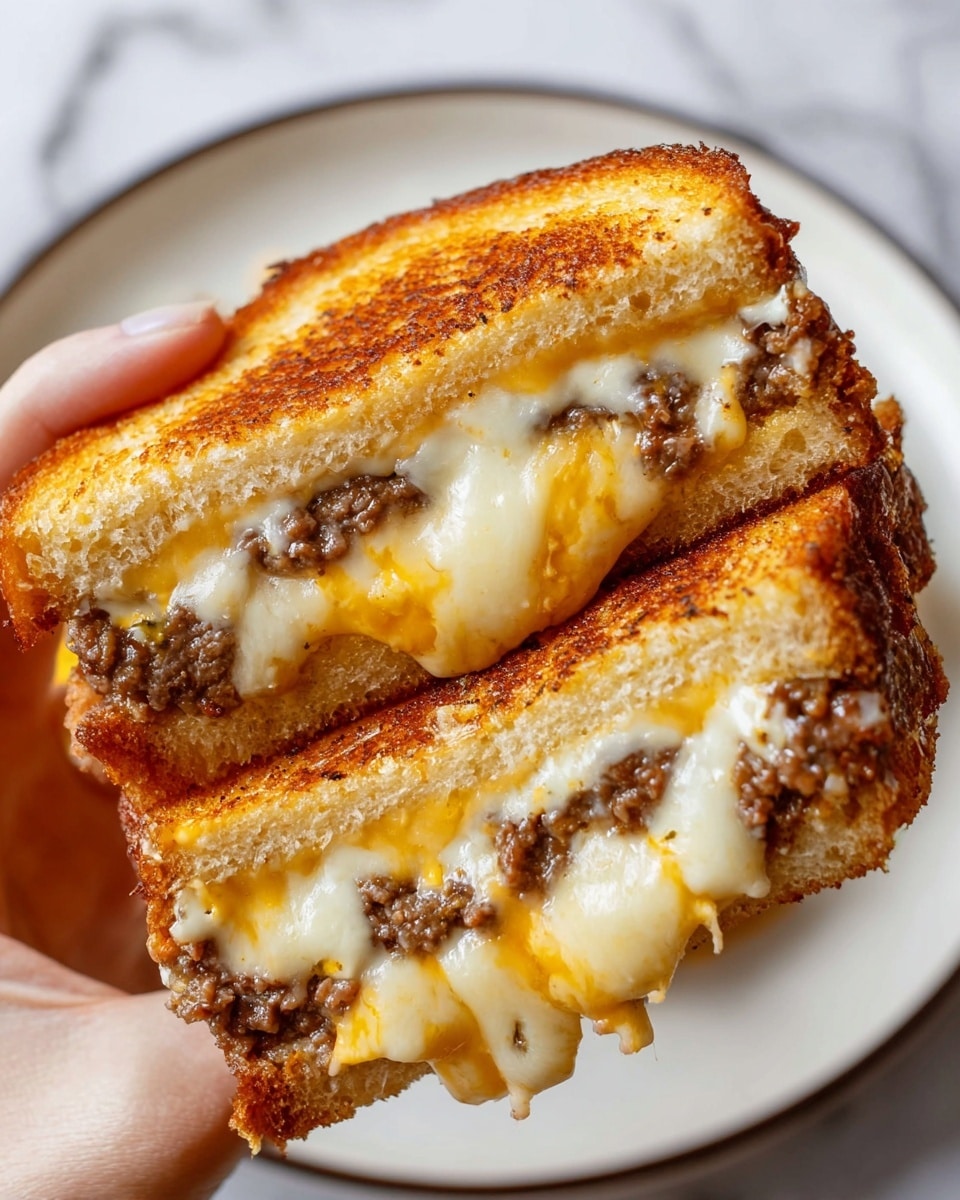 A close-up of a grilled cheese sandwich held by a woman's hand, showing two thick slices of golden-brown toasted bread. Inside, there are two layers of melted cheese—one light yellow and creamy, the other white and gooey—covering a layer of browned cooked ground beef in the middle. The cheese melts over the edges of the beef and bread, creating a soft, stringy texture. The background shows a white marbled surface with a white plate with a thin dark rim, slightly blurred. photo taken with an iphone --ar 4:5 --v 7