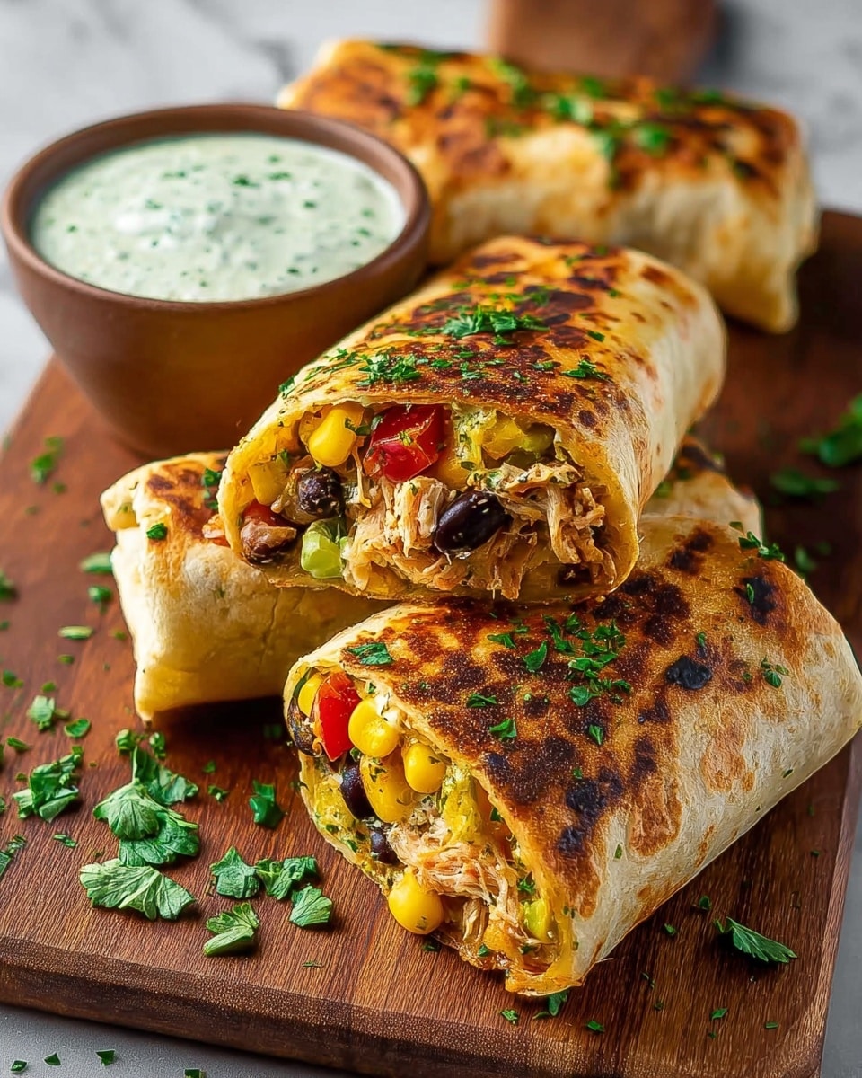 Three golden brown, grilled wraps are placed on a wooden board, each wrap showing a crispy, textured outer layer with light char marks and sprinkled green herbs on top. One wrap is cut open, revealing a colorful filling with layers of yellow corn, black beans, red bell peppers, shredded chicken, and bits of green herbs inside a soft tortilla. Next to the wraps is a small brown bowl filled with creamy, white sauce dotted with green herbs. Loose green herb leaves are scattered around the wraps on the wooden board, all set against a white marbled texture background. photo taken with an iphone --ar 4:5 --v 7