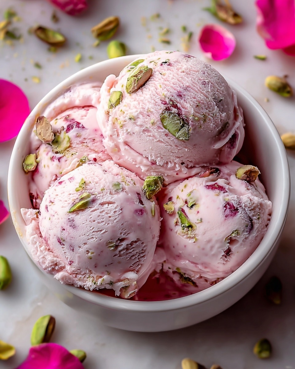 The image shows a white bowl filled with four scoops of creamy pink ice cream that has a smooth, slightly melting texture. The ice cream is speckled with small pieces of green pistachio nuts and darker pink or red fruit bits, giving it a mixed, dotted appearance. The bowl sits on a white marbled surface, scattered with green pistachio nuts and bright pink rose petals, adding a fresh and delicate look to the scene. The colors are soft and inviting, with a balance of cool pinks and earthy green tones. photo taken with an iphone --ar 4:5 --v 7