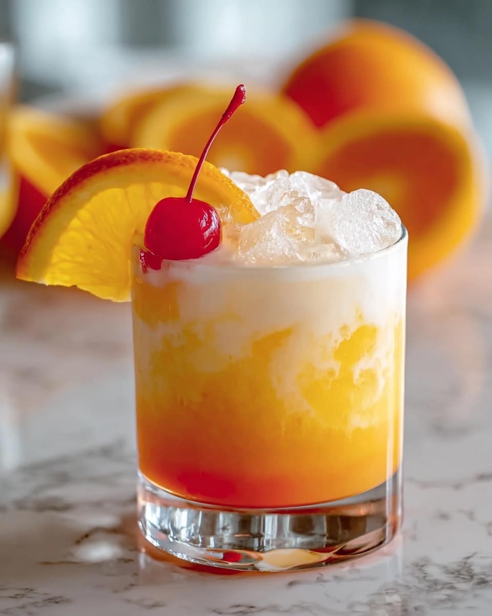 A clear short glass filled with a layered drink showing three main colors: the bottom layer is bright orange, the middle layer is milky white blending softly with some orange mixed in, and the top layer consisting of clear ice cubes. On the rim of the glass, there is a slice of bright orange and a shiny red cherry with a stem. In the blurry background, halved oranges can be seen resting on a white marbled surface. Photo taken with an iphone --ar 4:5 --v 7