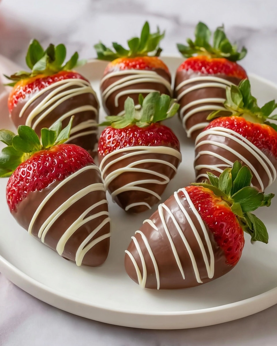 Six large strawberries each covered halfway in smooth milk chocolate, arranged in two rows on a round white plate with a white marbled surface beneath. Each strawberry is bright red with green leaves on top, and the chocolate coating is decorated with thin, curved white chocolate lines drizzled across the milk chocolate in a neat pattern. The overall look is shiny and fresh, with the strawberries standing on the plate, spaced evenly apart. Photo taken with an iphone --ar 4:5 --v 7
