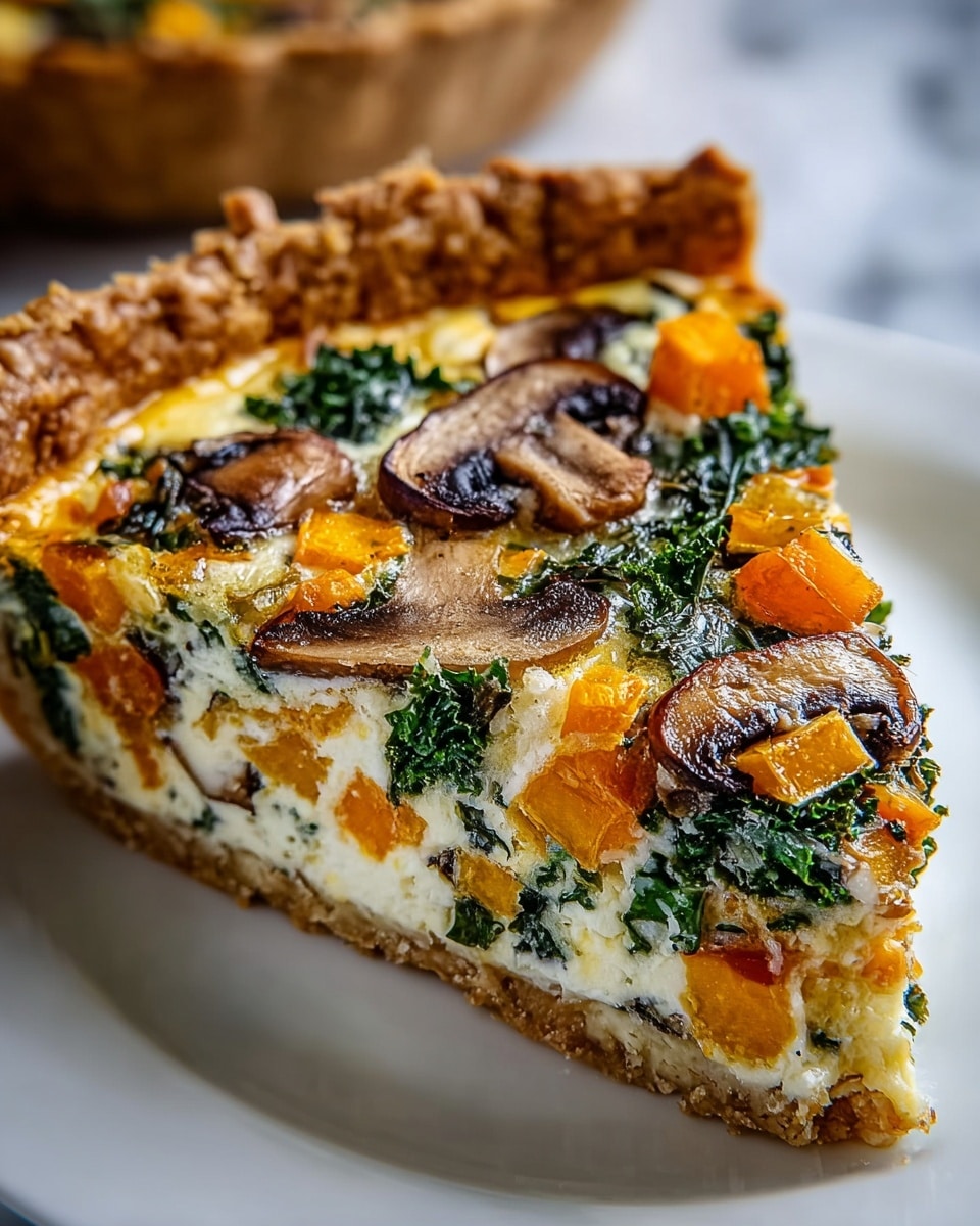 A close-up view of a single slice of vegetable quiche on a white plate set on a white marbled surface. The quiche has a golden-brown, crumbly crust forming a thick edge around the slice. Inside, the first layer is the crust, followed by a creamy white egg mixture filled with small orange cubes of butternut squash, dark green leafy kale pieces, browned mushroom slices on top, and softened yellow bits, creating a colorful and textured filling. The mushrooms have a shiny, slightly crisp surface, and the kale looks fresh and cooked within the creamy mixture. The overall look is warm and inviting. photo taken with an iphone --ar 4:5 --v 7