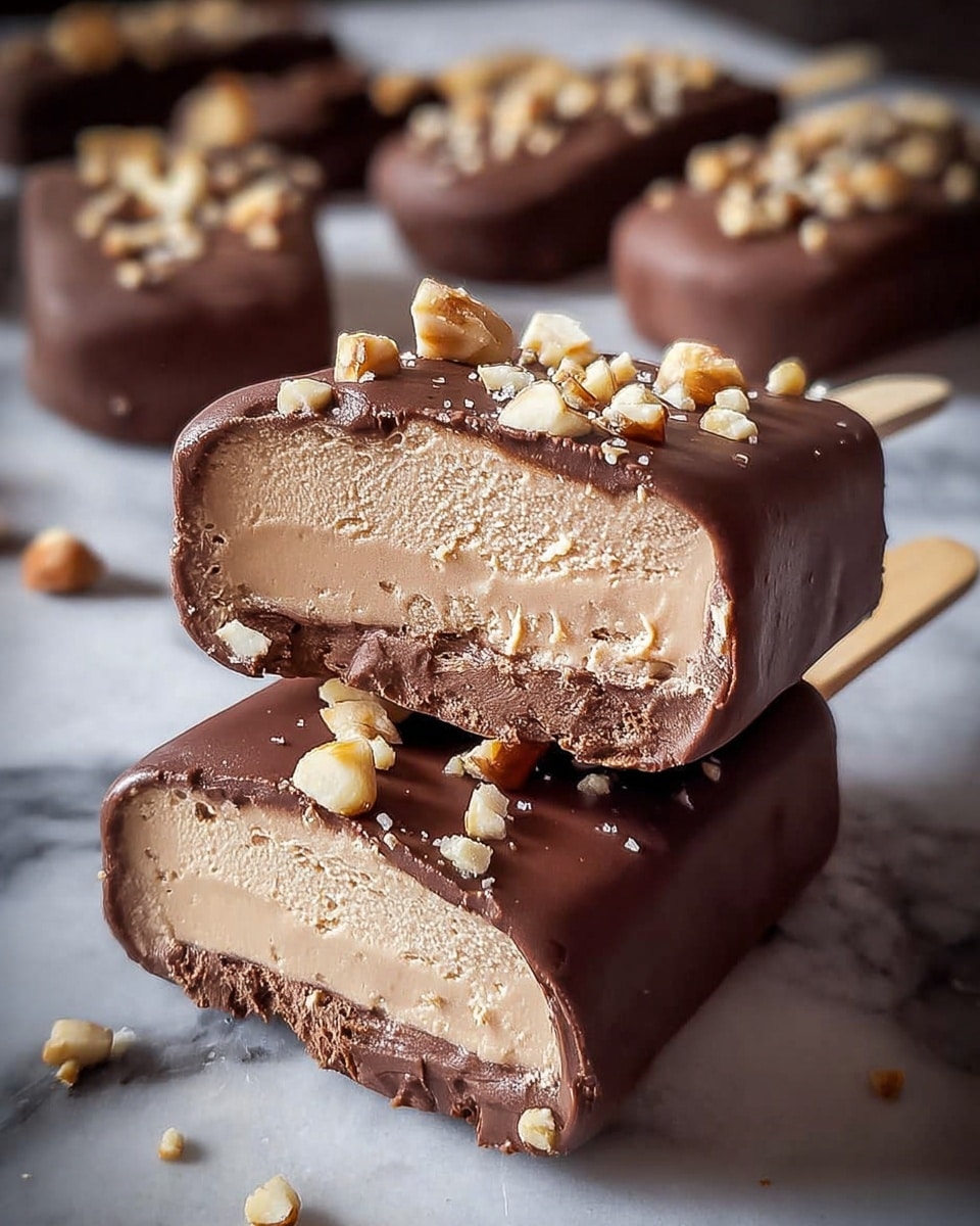 The image shows two chocolate-covered ice cream popsicles stacked on a white marbled surface, with the upper one bitten to reveal three layers: a smooth and creamy light brown ice cream center, surrounded by a slightly darker brown, thick chocolate coating, topped with small pieces of crushed nuts. In the background, more whole popsicles are visible, also coated in dark chocolate and sprinkled with crushed nuts on top, creating a rich and textured look. photo taken with an iphone --ar 4:5 --v 7