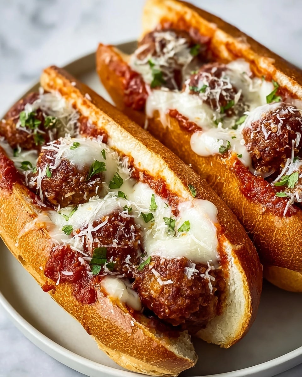 Two meatball subs are placed side by side on a white plate over a white marbled surface. Each sub has a toasted, golden-brown hoagie roll filled with three browned meatballs coated in rich red marinara sauce. Melted white mozzarella cheese covers the meatballs, with some grated cheese sprinkled on top. Small green parsley pieces are scattered over the cheese, adding a fresh touch. The sandwiches are tightly packed and the melted cheese looks soft and gooey. photo taken with an iphone --ar 4:5 --v 7