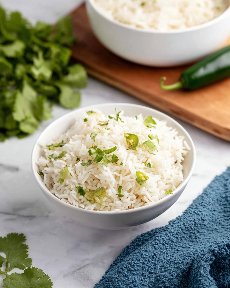 A white bowl filled with cooked white rice mixed with small green chili pieces and sprinkled with fresh green cilantro leaves on top. The bowl is placed on a white marbled surface with a bunch of fresh cilantro and a whole green chili nearby. In the background, there is a larger white bowl also filled with rice, resting on a light wooden board. A blue textured cloth is placed next to the bowl with rice. Photo taken with an iphone --ar 4:5 --v 7