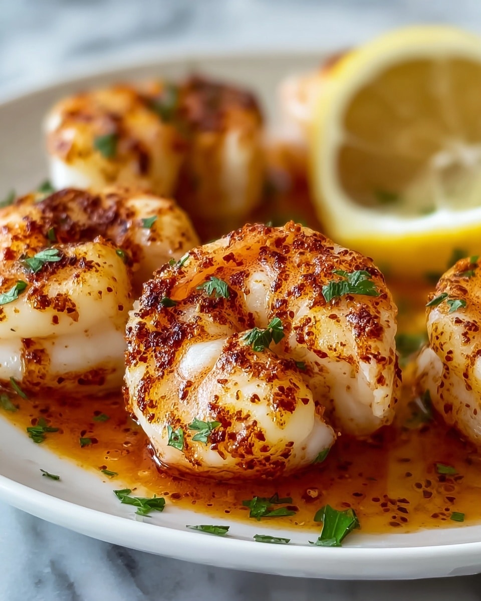 The image shows a close-up of four cooked shrimp on a white plate. Each shrimp is curled and has a white and slightly translucent texture with a light char of reddish-brown spices spread unevenly on top. Small green herbs are sprinkled over the shrimp and plate, adding contrast. There is a small pool of reddish-brown sauce under the shrimp, soaking into the plate. A lemon wedge is placed near the edge of the plate, showing a bright yellow color with visible juice droplets. The background is a white marbled texture, softly blurred. photo taken with an iphone --ar 4:5 --v 7