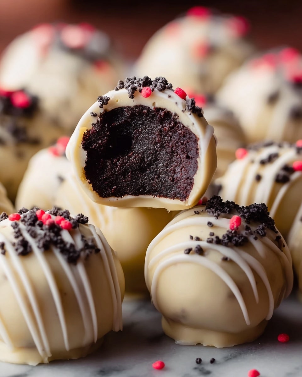 The image shows round chocolate truffles coated in smooth white chocolate, each decorated with dark chocolate crumbs and tiny red sprinkles on top. One truffle is held up revealing a dark, rich, fudgy inside that is dense and moist without layers, while the others sit closely together on a white marbled surface, focused tightly with a shallow depth of field. The truffles have thin white chocolate swirls drizzled on their tops, adding texture and light color contrast. photo taken with an iphone --ar 4:5 --v 7